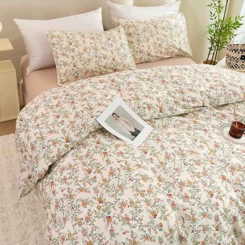 ECOCOTT Floral Duvet Cover Queen Size – 3 Piece 100% Washed Cotton Bedding Set with Zipper Closure, Soft Lightweight Breathable Botanical Print Comforter Cover for Spring Summer Bedroom Decor