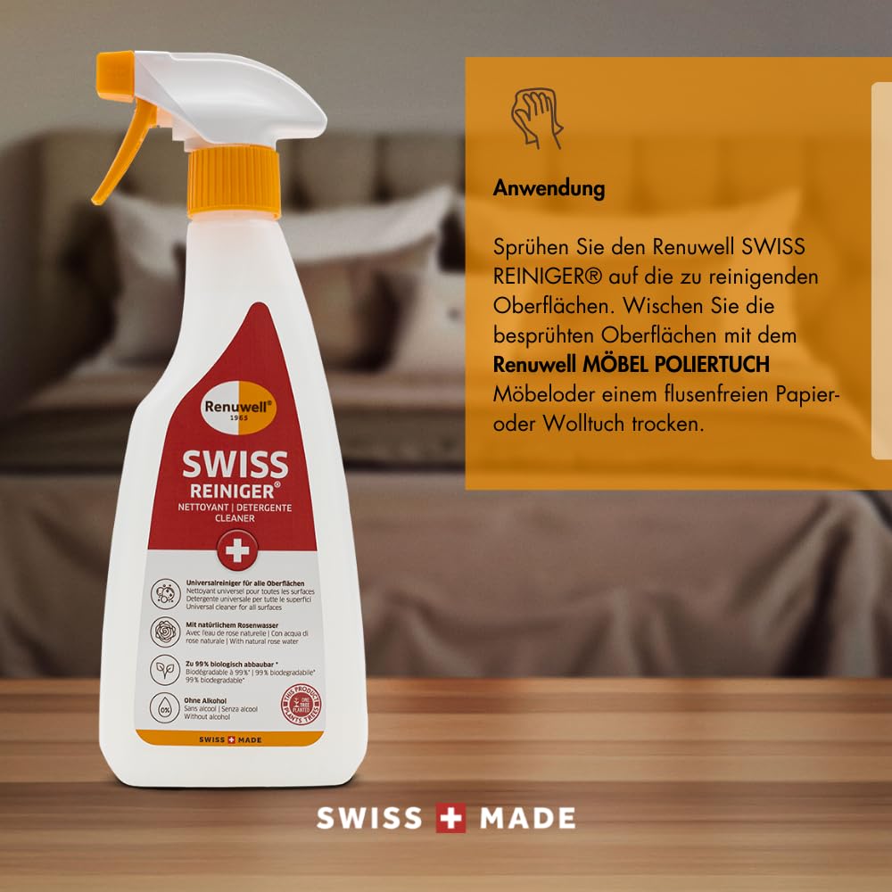 Renuwell Swiss Reiniger, 6x 500 ml – kraftvolle schonende Reinigung ohne Alkohol, entfernt Fett, Schmutz & Ablagerungen, für Holz, Kunststoff, Metall & Stein, Schweizer Qualität