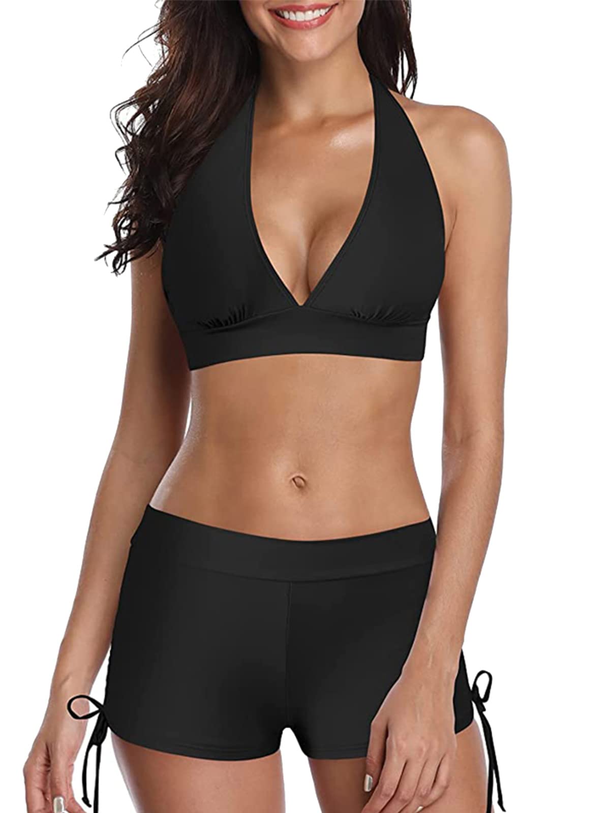 CheChury Mujer Conjunto De Bikini Tiras Talle Alto Tallas Grandes Sexy Traje De Baño Cuello Halter Vintage Vientre Plano con Volantes Top Bikini Push Up Flores Braga Alta