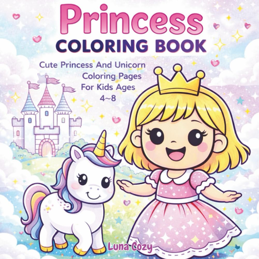 Princess Coloring Book For Kids: Cute Princess And Unicorn Coloring Book For Girls Ages 4–8 With Easy Fun Pages For Creative Play