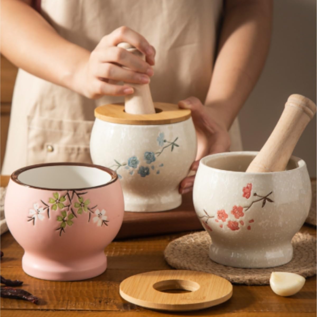 Zestaw Moździerza Tłuczka Ceramiczny Tłuczek Do Czosnku, Kuchenny Rozdrabniacz, Domowy Młynek, Zestaw Moździerzy Kuchenny(Rot)