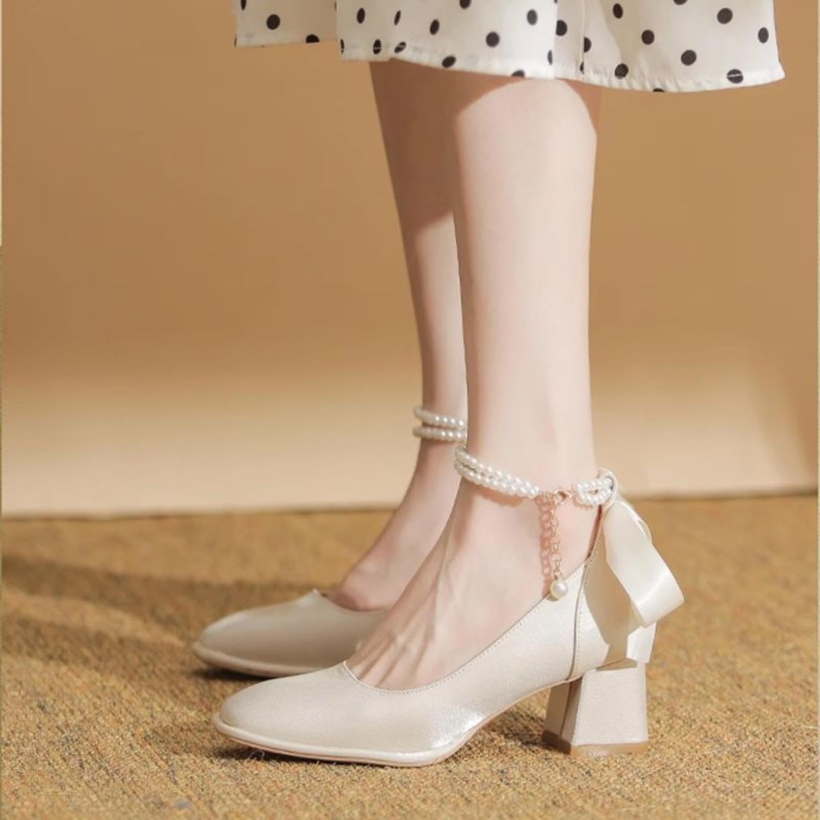 Generico Scarpe da Sposa in Raso da Donna con Cinturino di Perle | Punta Quadrata DéColleté Da Vestito, Tacchi A Blocco Scarpe Da Ballo Per Feste, Cinturino Alla Caviglia Scarpe Da Sposa