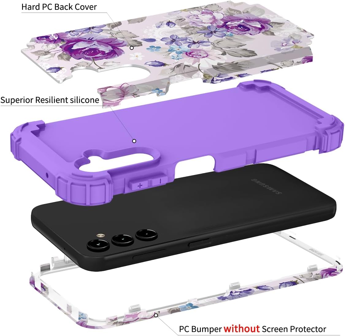 Hocase for Galaxy A16 5G Case, Heavy Duty Shockproof Protection Soft Silicone Rubber Bumper+Hard Plastic Hybrid Protective Case for Samsung Galaxy A16 5G (6.7") 2025 - Lavender Flowers - Image 5