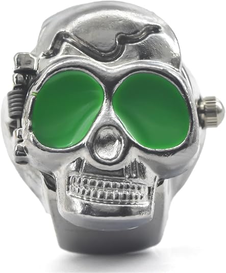 Steel Skull Elastic Quartz Finger Ring Watch Antique Finger Watch Clamshell Fingers Ring Clock Vintage Punk Fingertips Watches for Men and Women Stretchy Watchband Unisex Finger Watches