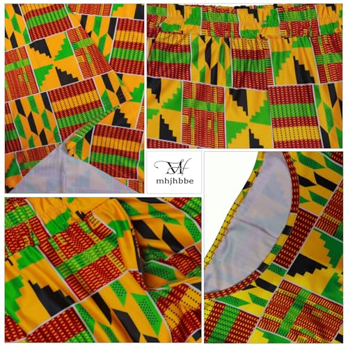 African Print 2-Piece Set, Short Sleeve Top with Wide Leg Pants, Traditional Kente Pattern, Yellow Green4