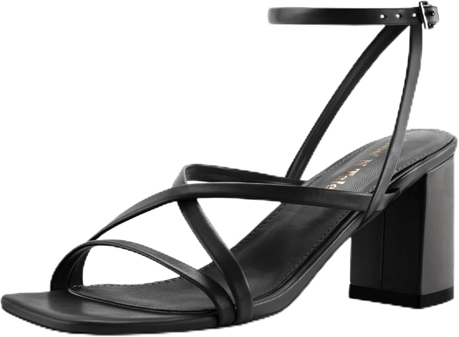 Shoe'N Tale Strappy Heels for Women Square Toe Chunky Block Heels Ankle Buckle Heeled Sandals