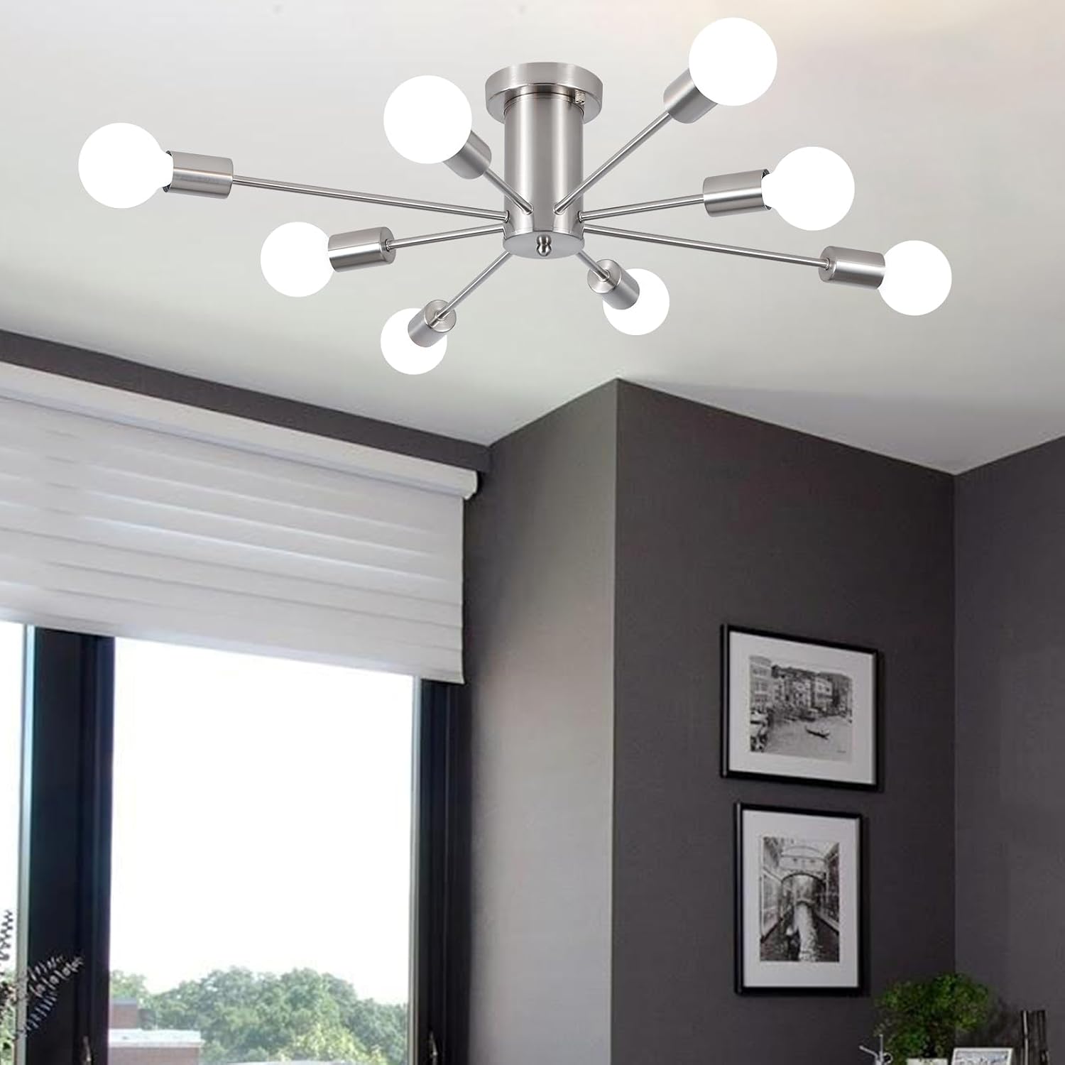 Nickel 8-Light Geometric Sputnik Semi Flush Mount Chandelier
