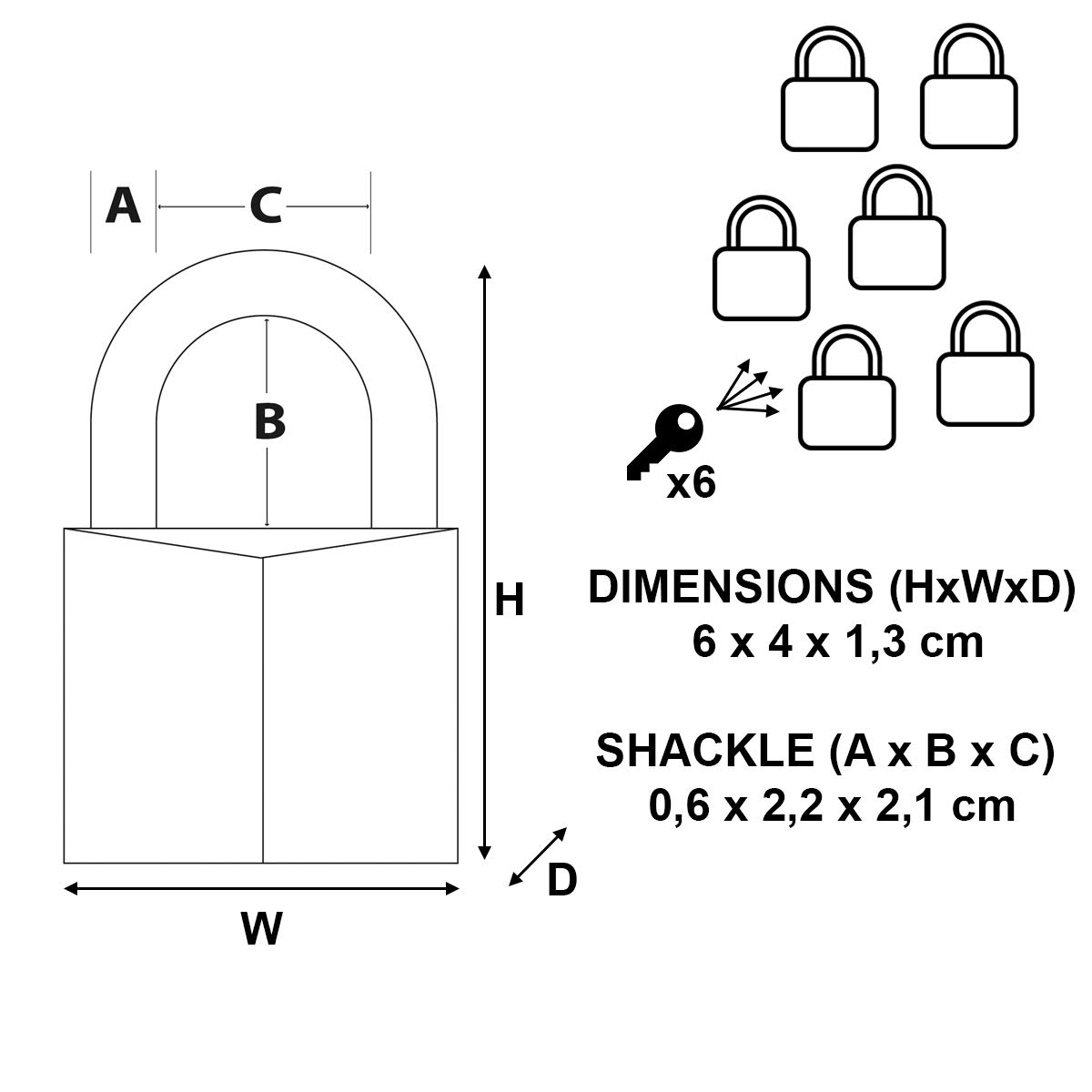 Master Lock 140EURSIX Lot de 6 Cadenas à Clé en Laiton, Doré, 6 x 4 x 1,3 cm