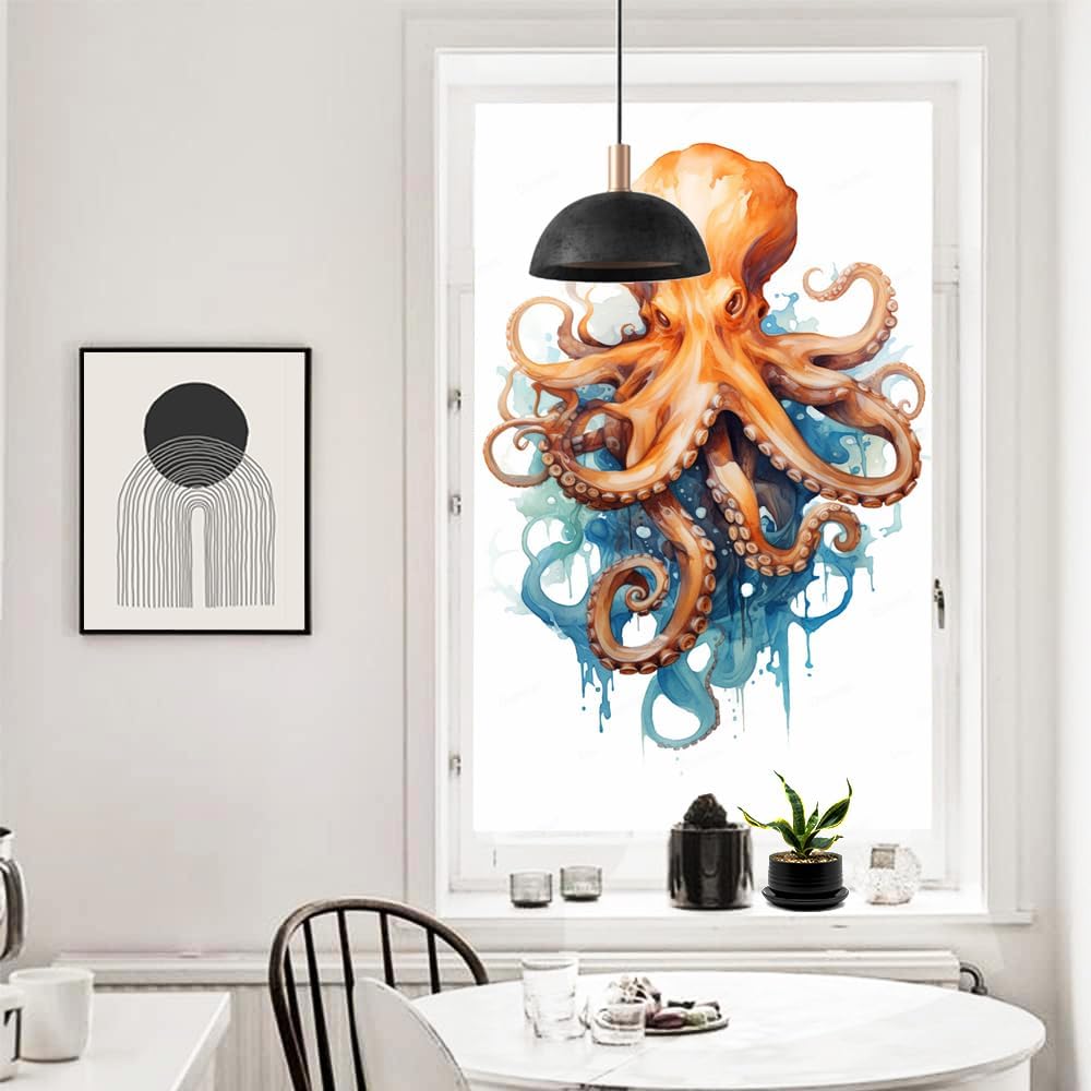 Mystery Octopus Window Privacy Film Blue Painting Modern Orange Animals Stained Glass Window Film Sun Blocking Heat Control Decorative Window Covering Film for Home Office 35.4Wx63L inch