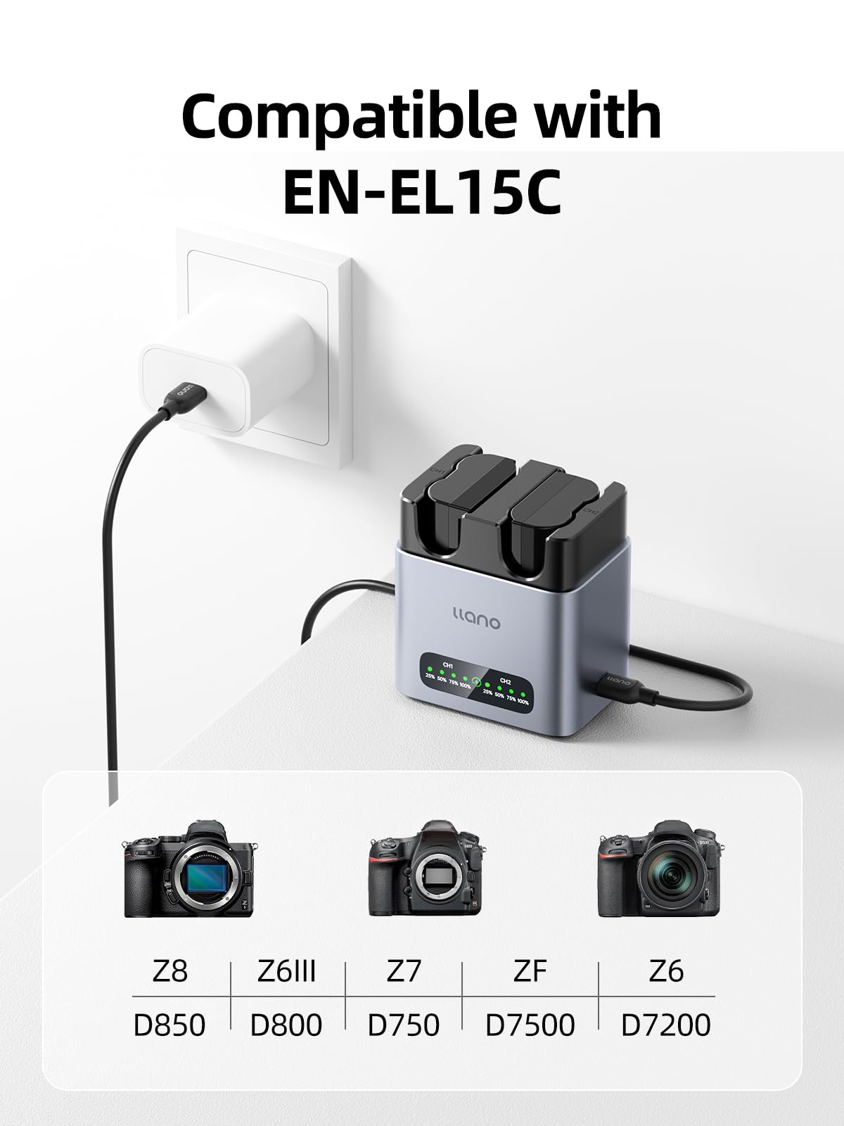 llano Confezione da 2 batterie EN-EL15C da 2400 mAh e caricabatterie rapido da 20 W | Per Nikon Z8, Z7II, Z5II, ZR, ZF, Z6III, D850, Z7, Z6II, Z6, D7500, D750, D7200, LED Power Display, CNC Aluminum