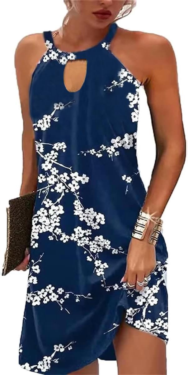 Kubsid Halter Dresses for Women 2026 Casual Floral Print Summer Dresses Hollow Out A-line Sundresses for Beach Vacation