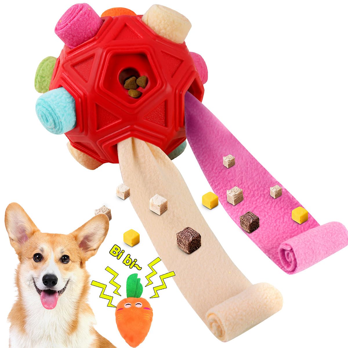 Schnüffelball für Hunde, interaktives Puzzle-Hundespielzeug, fördert natürliche Nahrungssuche, langsames Füttern für Training und Stressabbau, Stoffstreifen, versteckt Lebensmittel, Kauspielzeug für