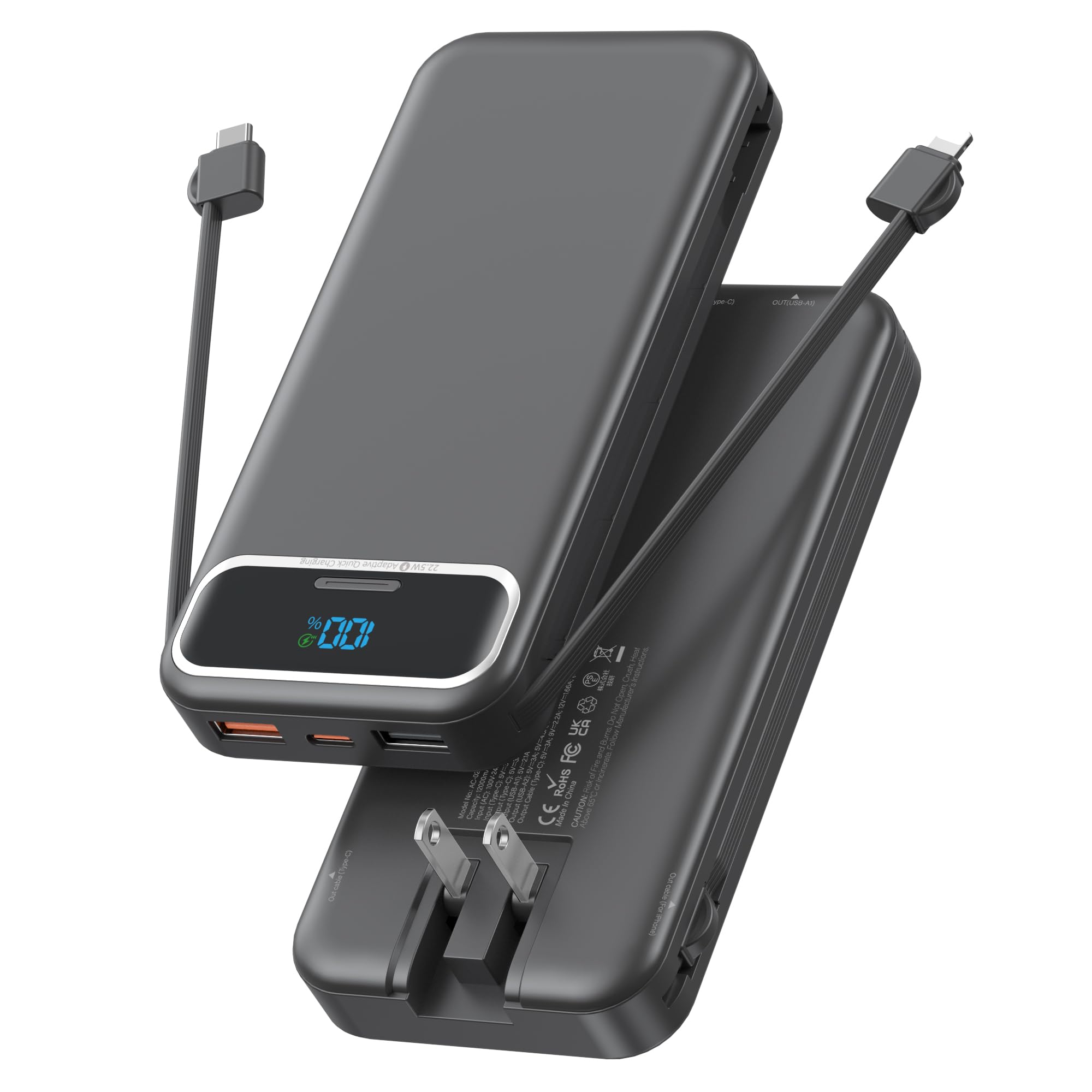 Nusyddy Portable Charger 12000mAh Fast Charging w/Built-in Wall Plug Black