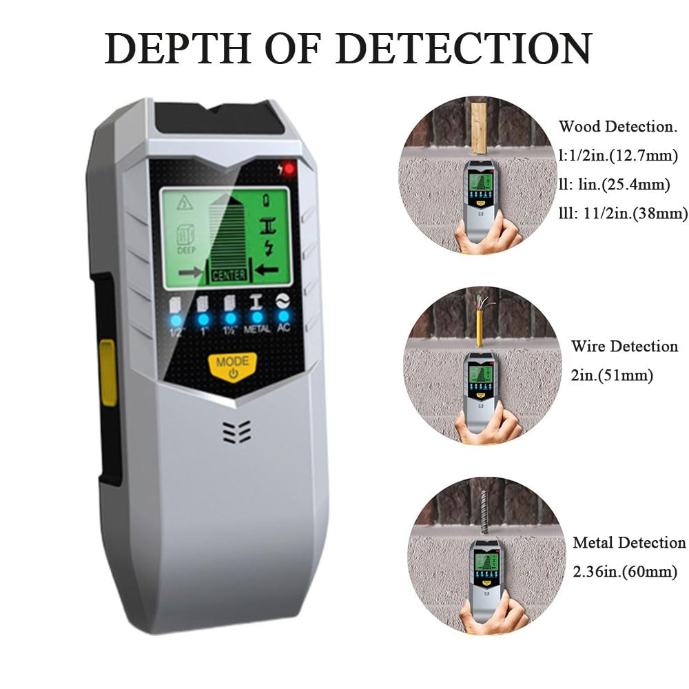 5 en 1 Detector Pared Escáner Pared Metales Detector Pared Madera Detector Pared Tuberias Detector Pared Líneas Eléctricas Detector Pared Espárrago Escáner Pared con Alarma Sonido (Plata)