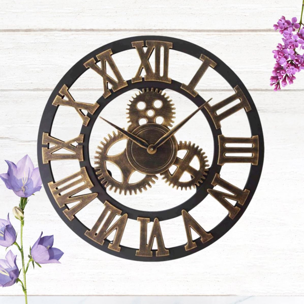 Große Goldene Wanduhr im Industrial Stil mit Zahnradmotiv Lautlos 34cm Retro Hängeuhr für Wohnzimmer und Büro