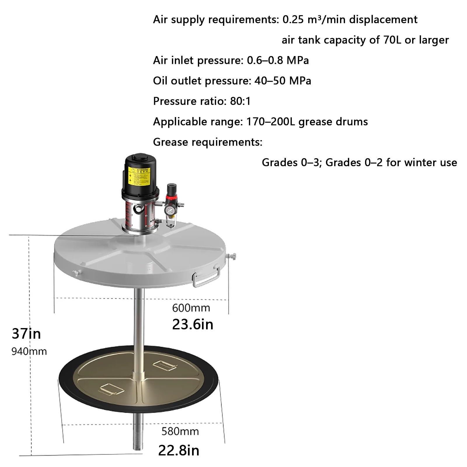Bomba Lubricadora de Grasa Neumática de Alta Presión para Bidones | Portátil e Industrial, Relación de Presión 80:1, para Mantenimiento de Maquinaria Industrial