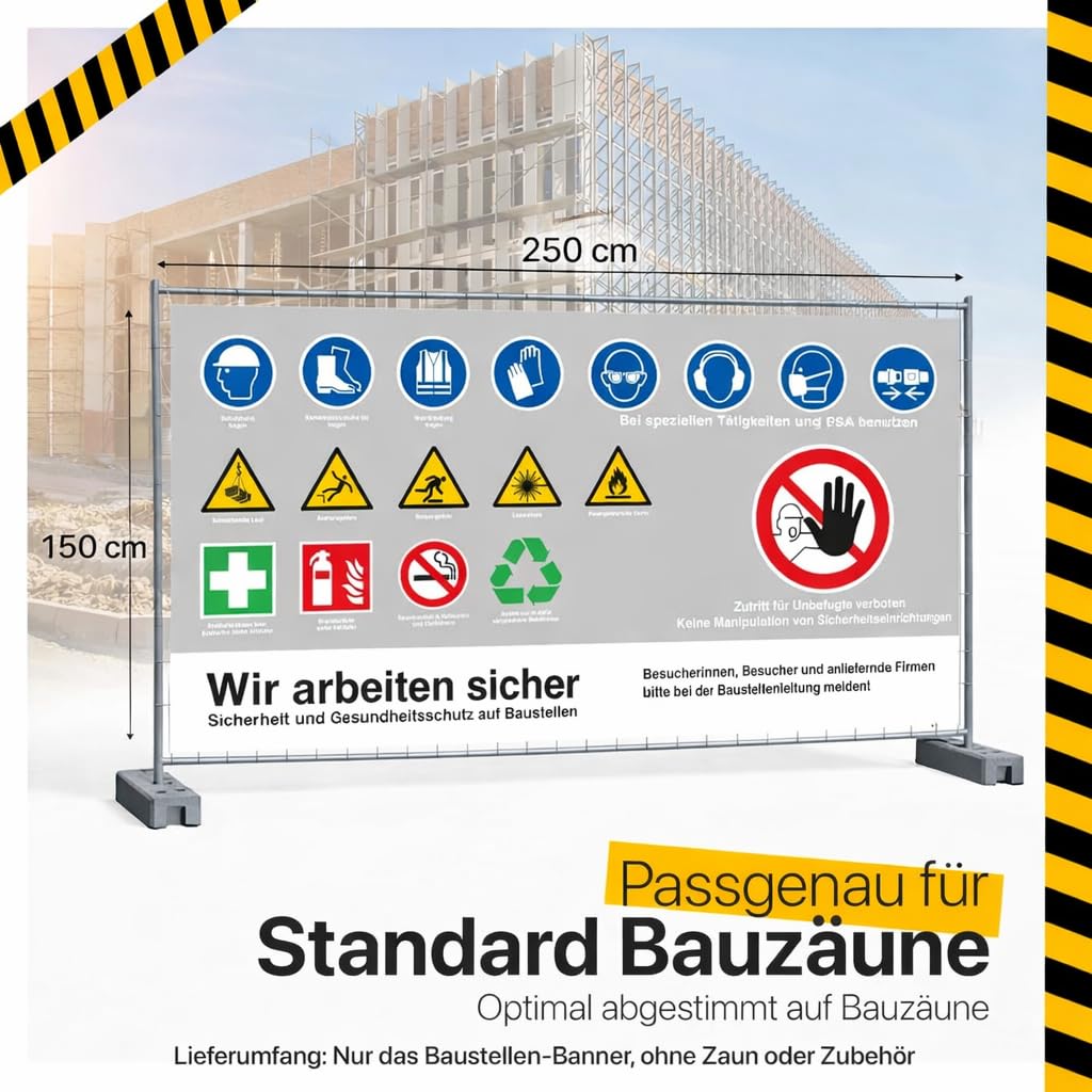 FBS Baustellenbanner 250 x 150 cm - Mesh, Sicherheitsbanner mit Achtung Baustelle, passend für Bauzäune