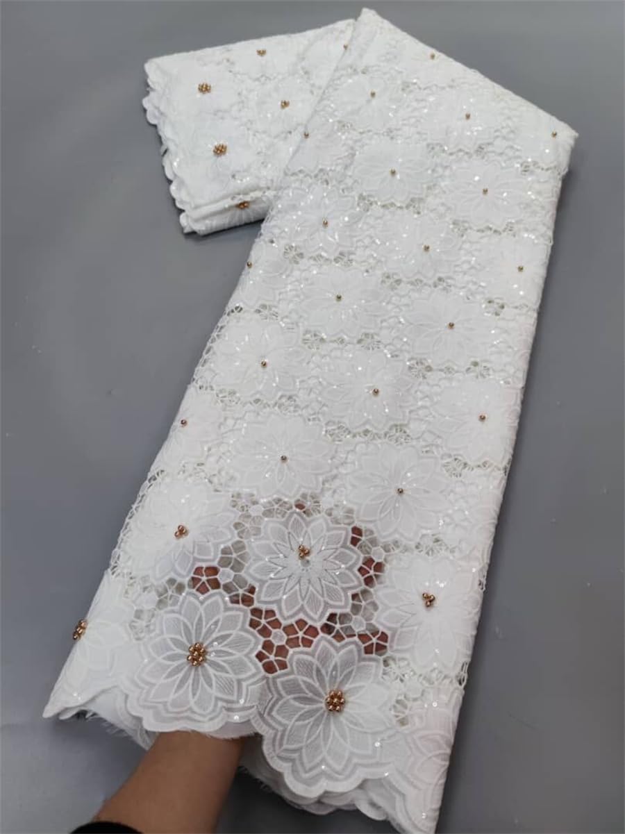 Tessuto Pizzo Africano WorthSJLH | Voile Svizzero Bianco Con Pietre E Perline | 5 Yard (4,6m) Per Abiti E Cerimonie