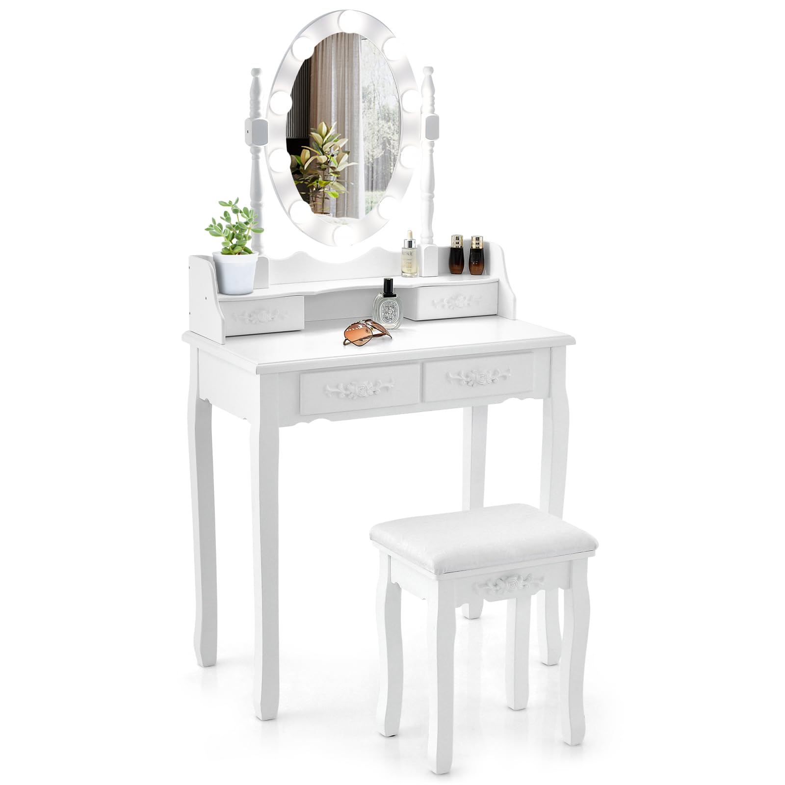 COSTWAY Toeletta da Trucco con 10 Luci LED, Set Tavolo da Trucco con 4 Cassetti e Sgabello, Specchio Girevole 360°, Consolle Toeletta per Soggiorno Camera da Letto, 75 x 40 x 145 cm (Bianco)