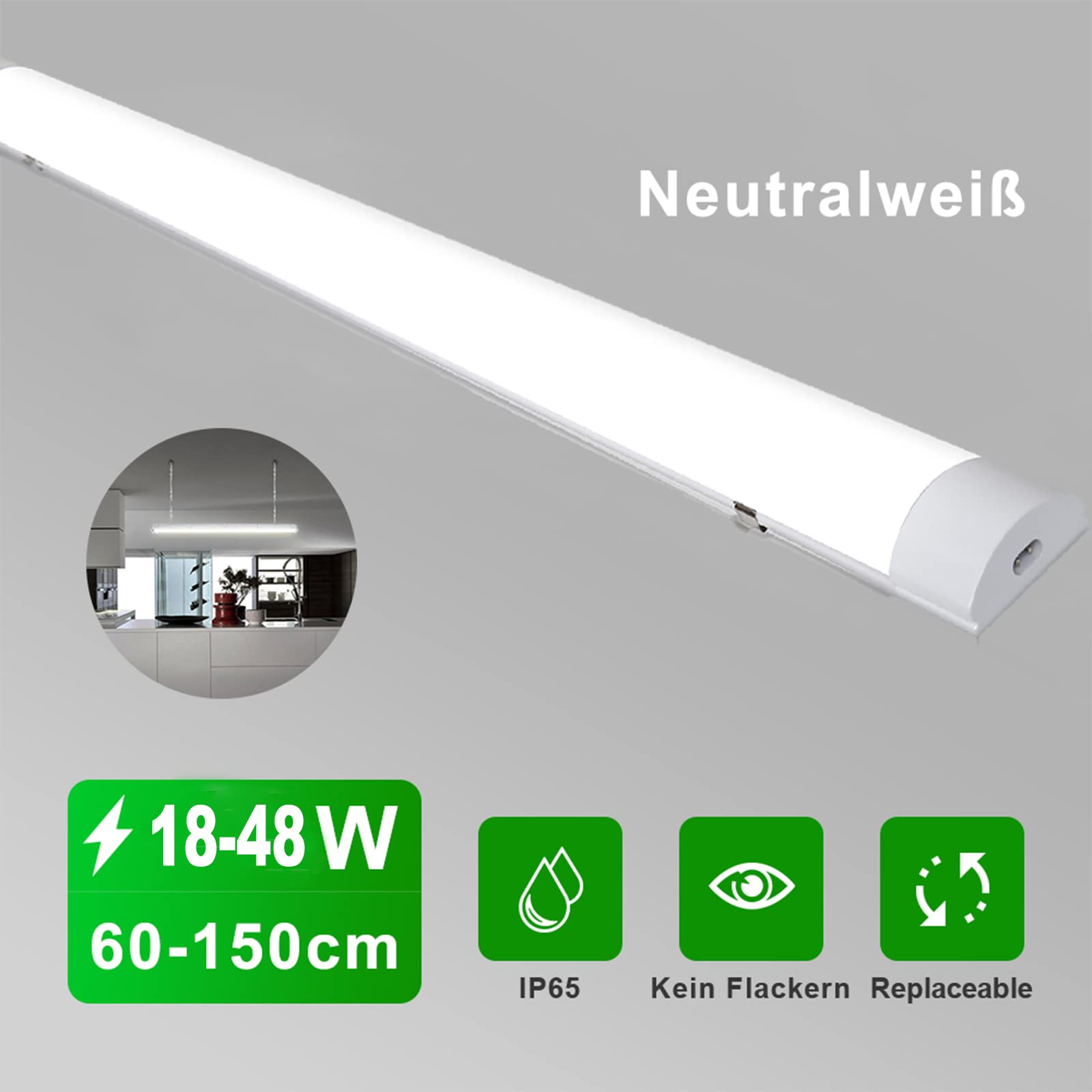 Lámpara LED para ambientes húmedos, 60 cm, 18 W, 1530 lm, IP65, resistente al agua, lámpara de taller, 4000 K, blanco neutro, tubo fluorescente, lámpara LED para garaje, sótano, cocina, baño,