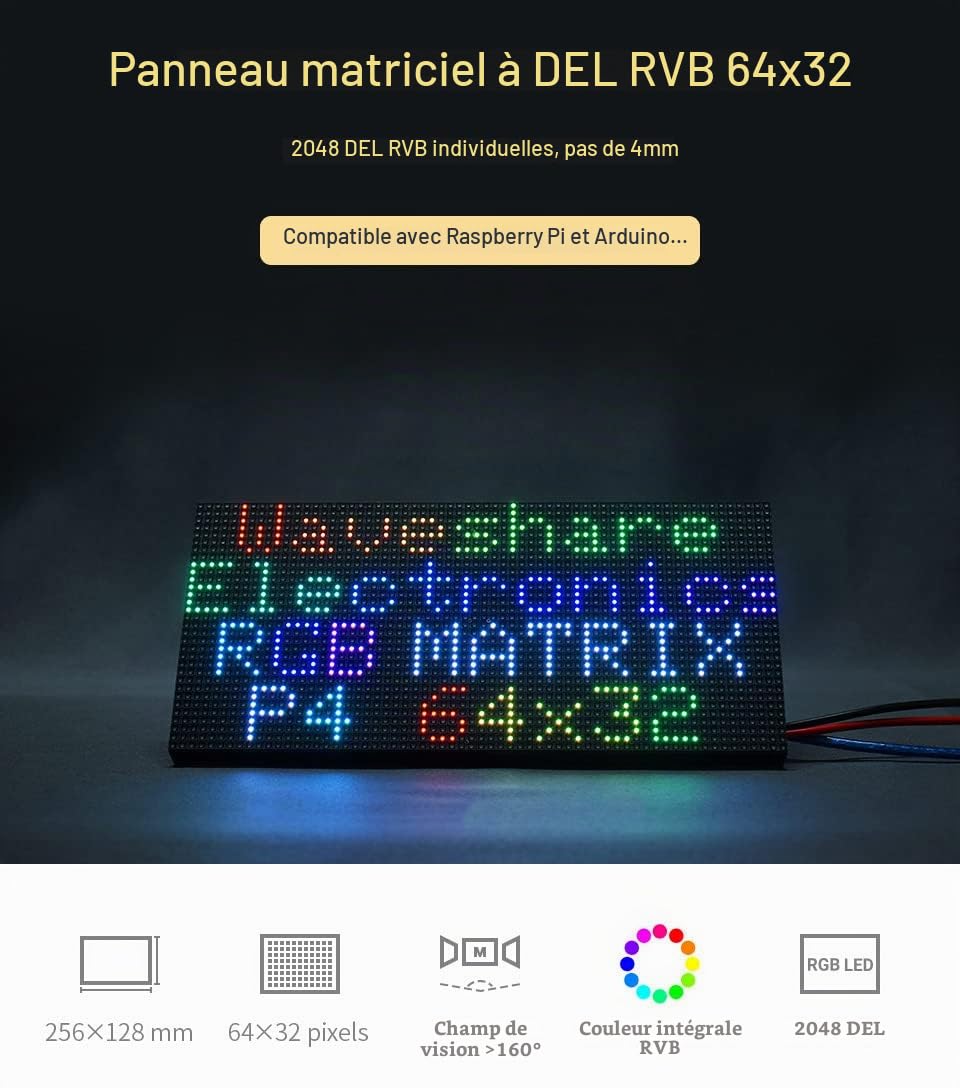 Waveshare RGB Full-Color LED Matrix Panel 4mm Pitch 64×32 Pixels 2048 Individual RGB LEDs Adjustable Brightness Compatible with Raspberry Pi