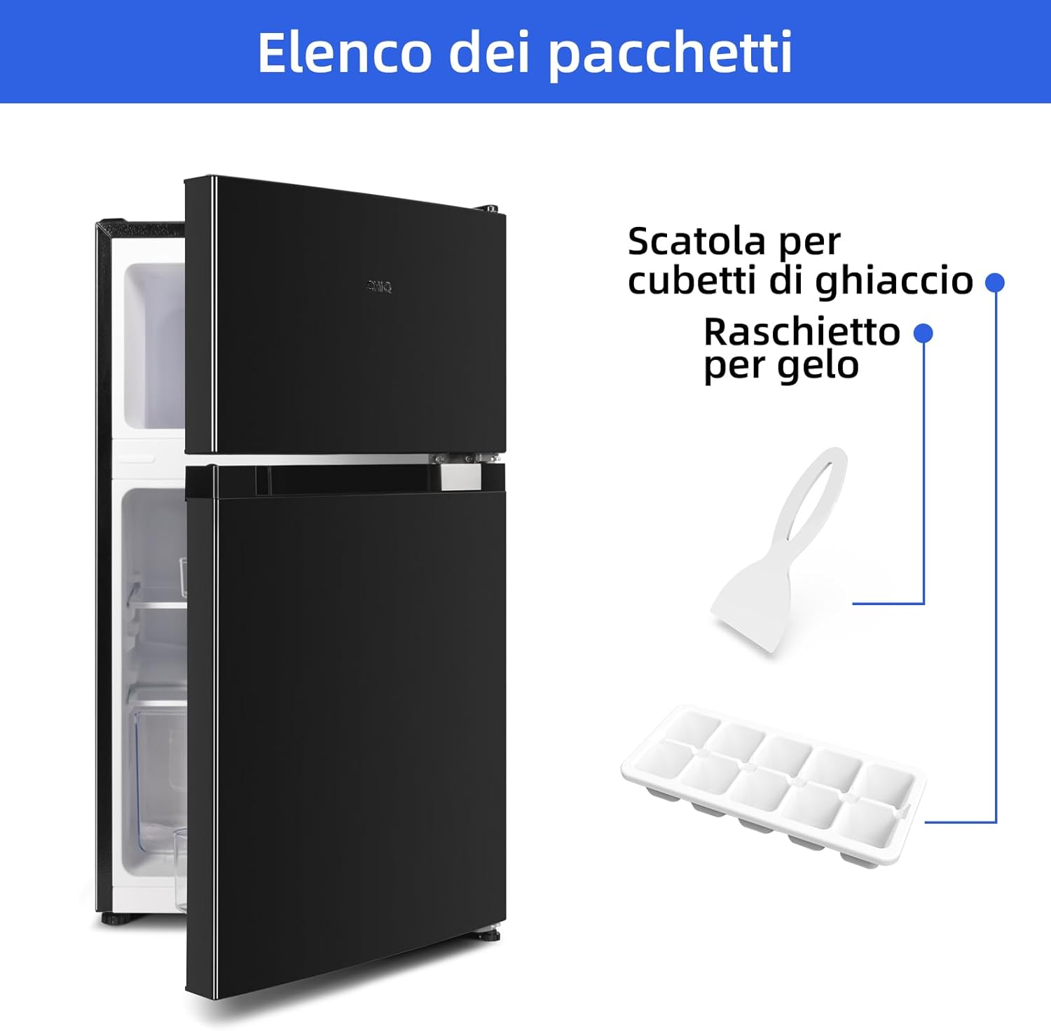 CHiQ Frigorifero Doppia Porta FTM86L4 86L (61+25), bassa brina, inox scuro, porte reversibili, F, 41 db, 12 anni di garanzia sul compressore [Classe di efficienza energetica F]