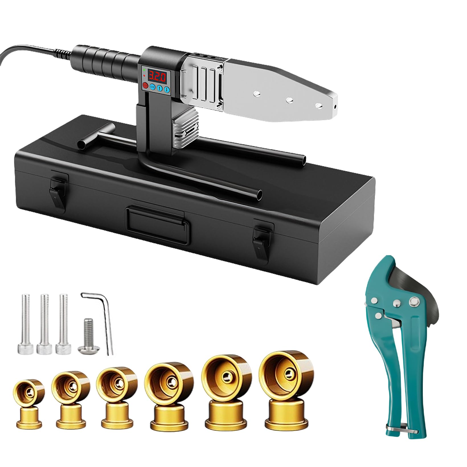 Soldadora de Plástico para Tuberías PPR 1500W, Máquina de Soldadura | Temperatura Regulable 100-320°C para Tubos Ø20/25/32/40/50/63 mm, Incluye Cortador de 42mm y 6 Accesorios