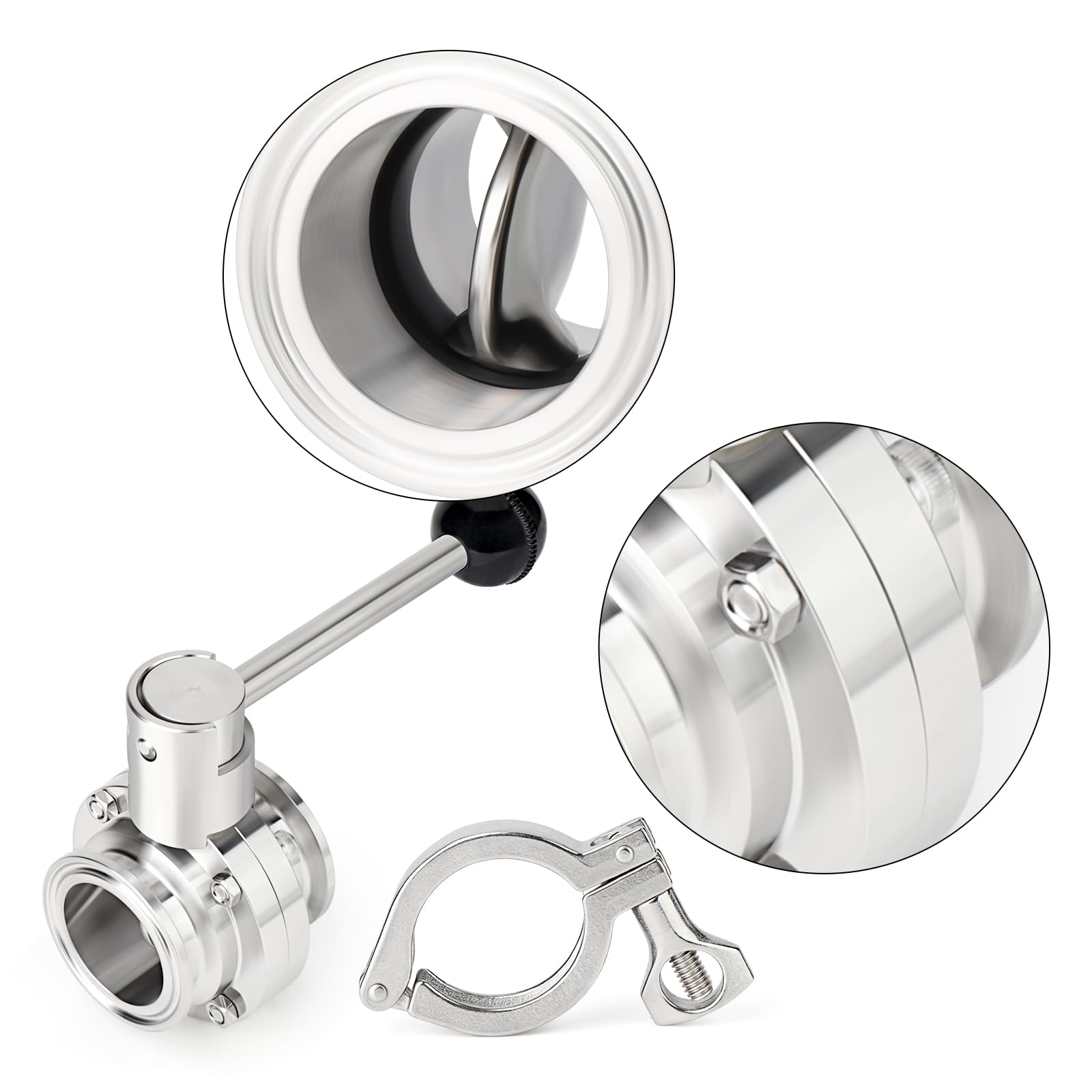 TAISHER 1 válvula de mariposa sanitaria de acero inoxidable 304 de 1.5 pulgadas con brida de virola de 50.5 mm con abrazadera triple de 2 pulgadas y junta de silicona