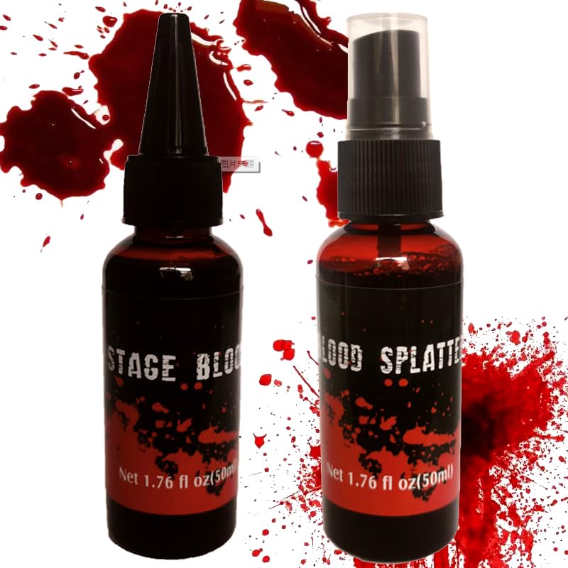 Gaukomzs2PCS Halloween Fake Blood Makeup Kit,Fake Blood Spray 1.76oz + Dripping Blood 1.76oz, Realistic Washable Special Effects SFX Makeup Set, for Zombie Vampire Monster Cosplay Mouth Clothes Dress Up