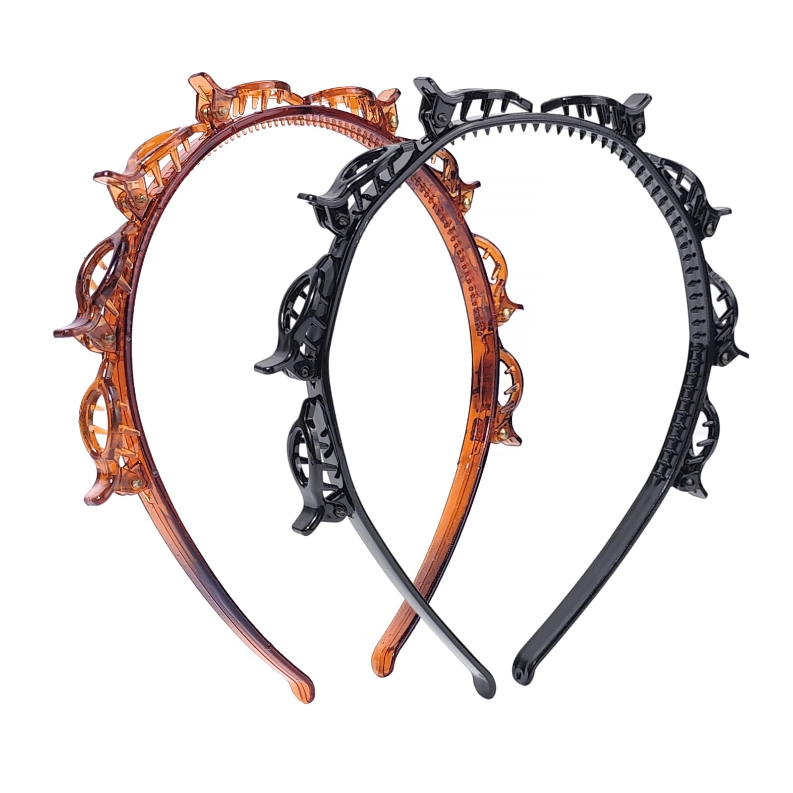 2 Pack Clip Headband for Twisty Bangs, 90s Hair Accessories for Women with 8 Mini Clips, Braided Hair Clip Headbands for Y2K Fashion Styling, Black and Brown