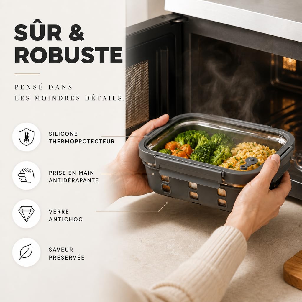 Meal Prep Boîtes Set 3x640ml – Verre borosilicate, hermétique, empilable, micro-ondes avec valve vapeur, coque silicone anti-choc