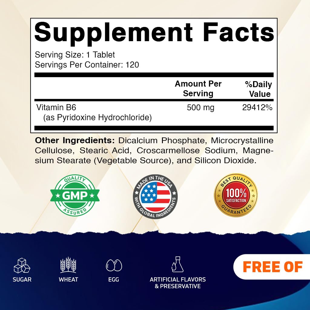 Vitamatic Vitamin B6 500 mg Tablets, 120 Count, Pyridoxine HCl, Made in USA — Amazon image 2