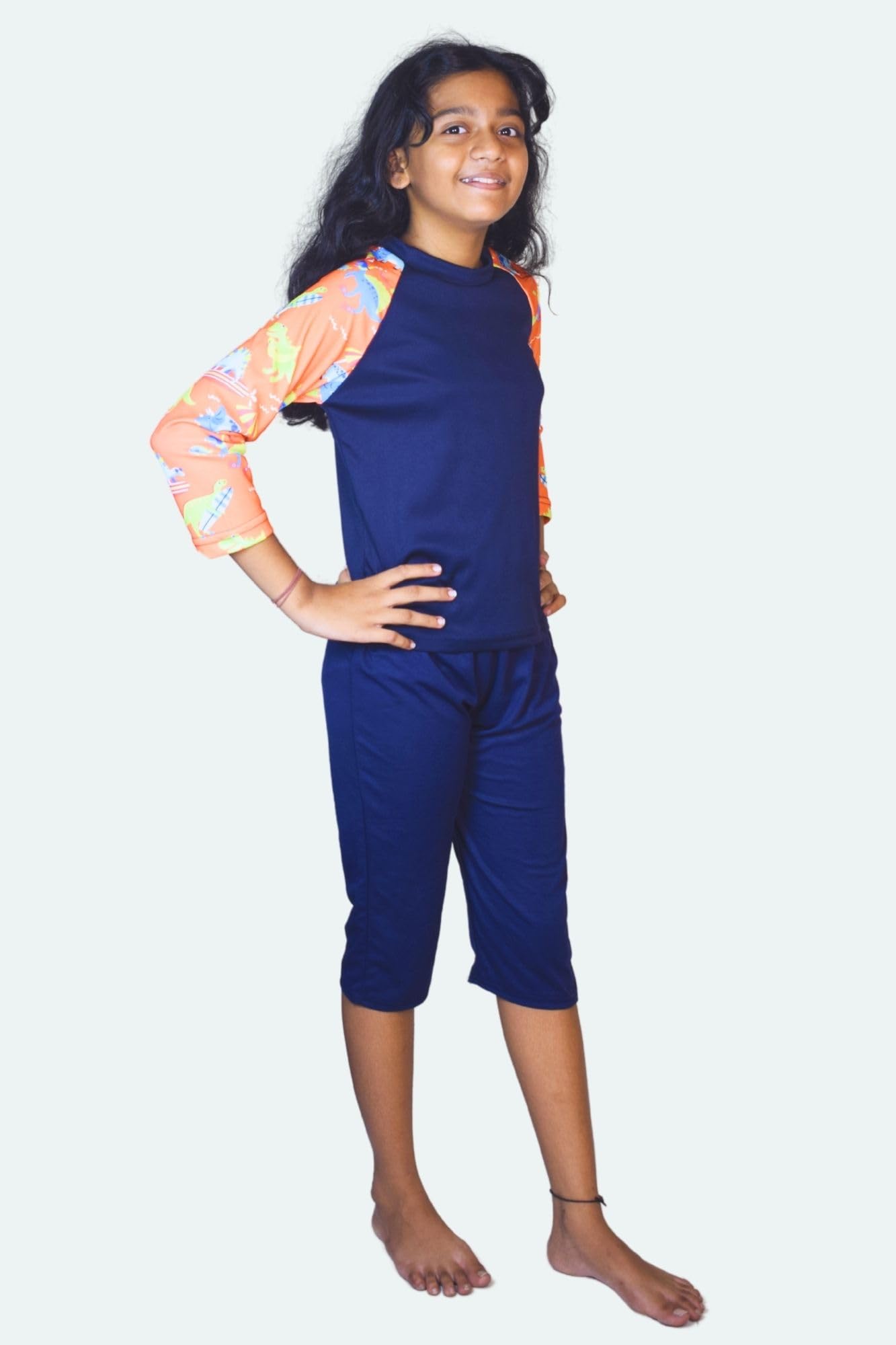 Aqua Holic Spandex Girls Regular Fit Printed Bottom & Top Set | Swimwear | Adjustable, Quick Drying Capris for Swimming, Beach, Waterpark - Orange (10-11 Years) 3