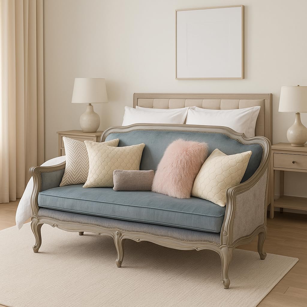 Vintage French Carving 3-Seater Sofa – Elegant Blue Velvet Upholstery with Decorative Accent Pillows – Classic Living Room, Bedroom & Hallways Furniture-image-34