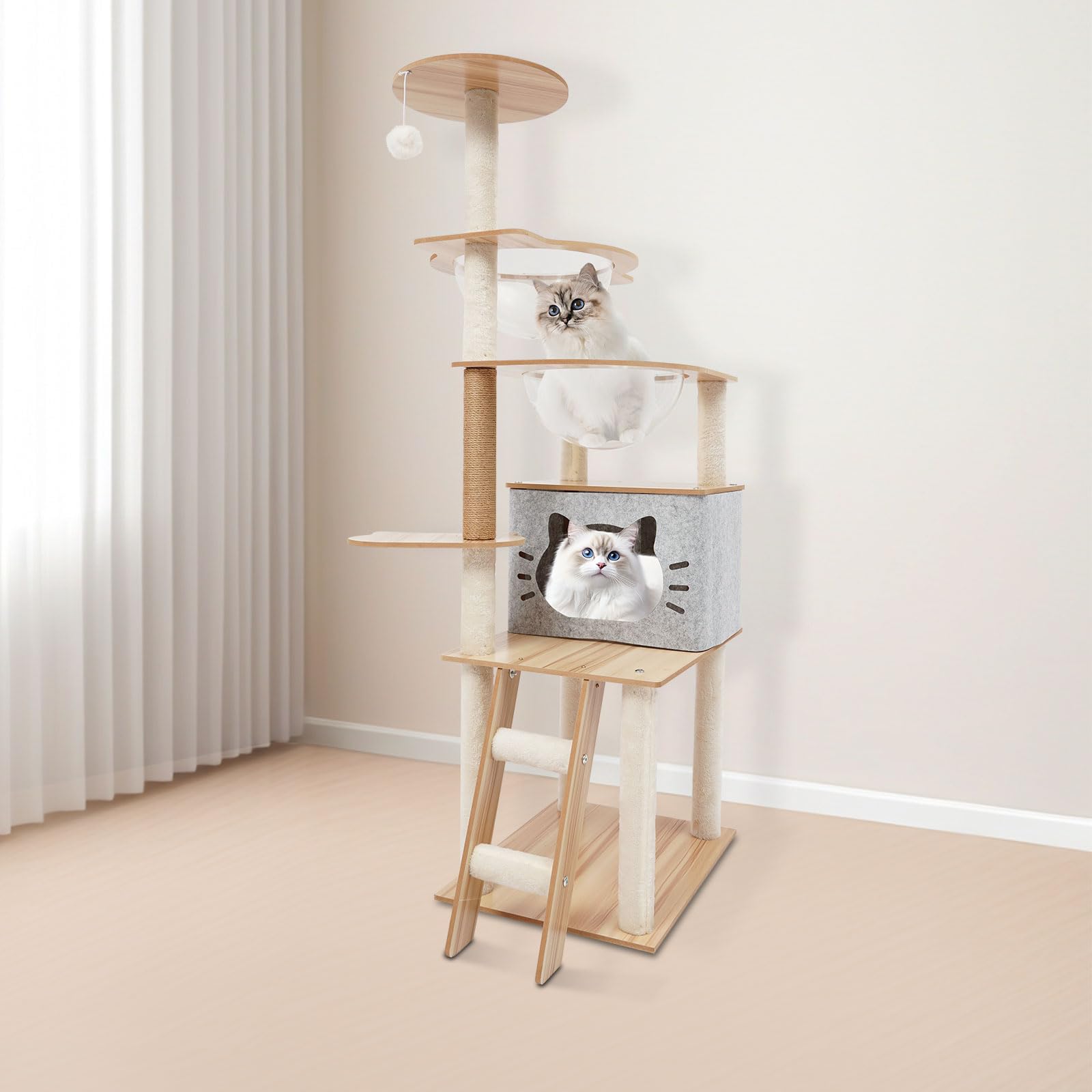 Rascador de madera, moderno árbol rascador para gatos con cueva para gatos, 50 × 40 × 135 cm, rascador para gatos grandes, estable, para 3-4 gatos pequeños y grandes, hasta 10 kg, gris