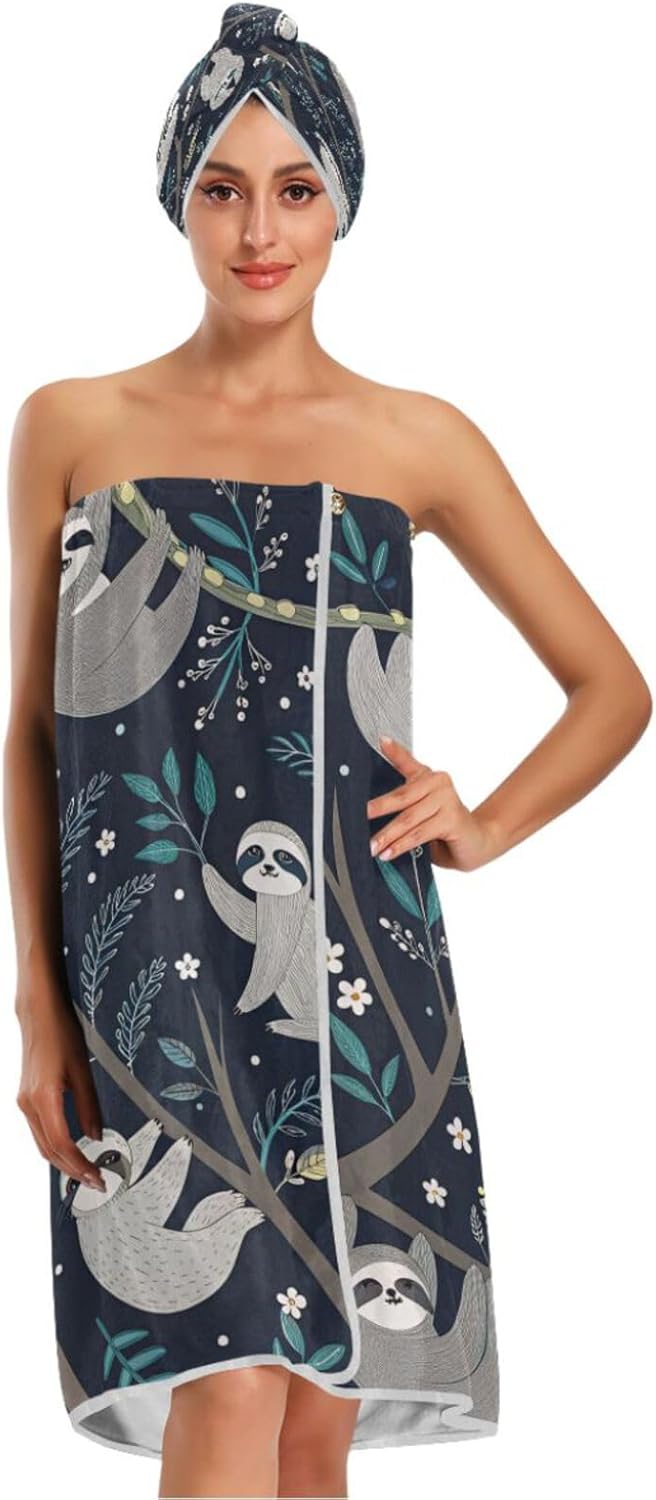 Women's Spa Towel Wrap Set of 3, Cute Sloths Bathrobe Shower Bath Body Wrap with Adjustable Closure