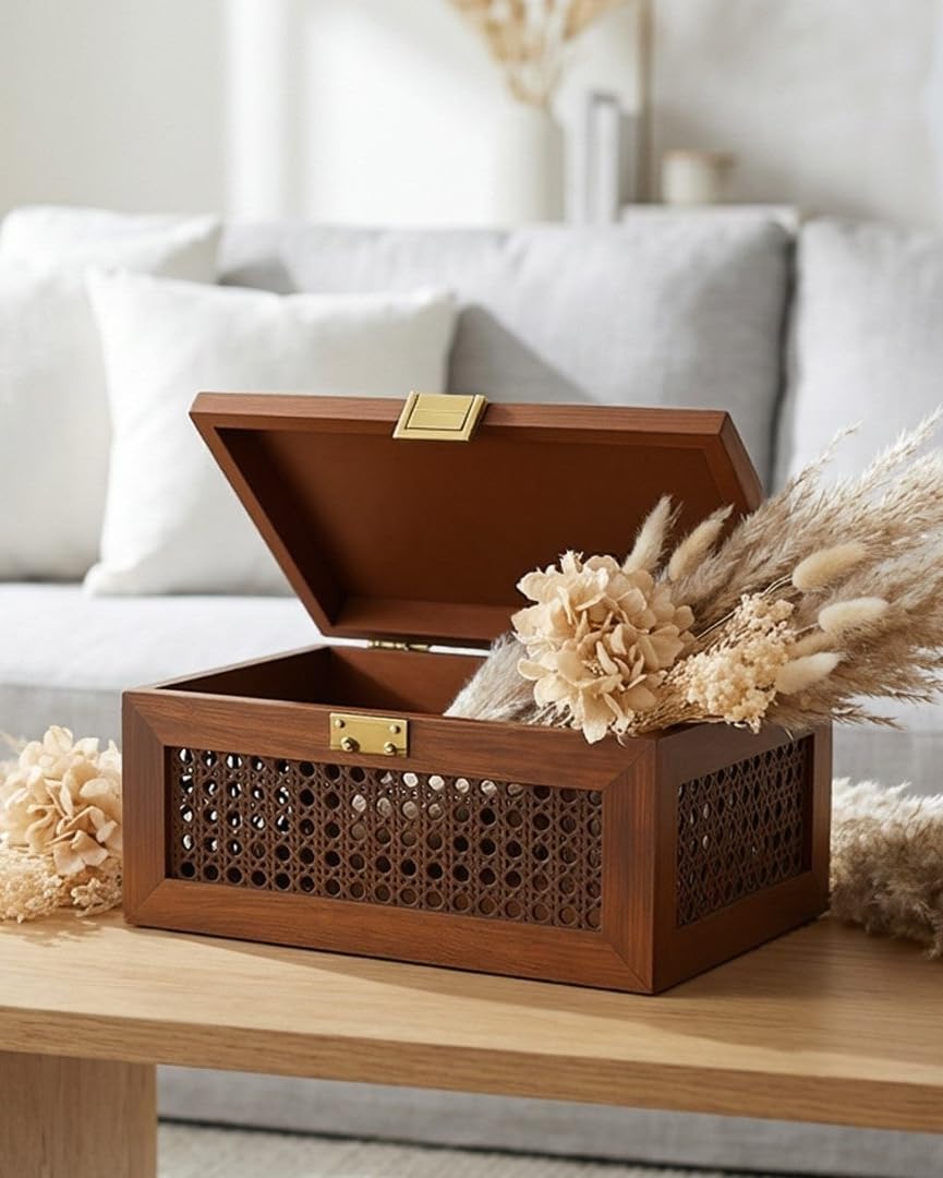 Elvida Interiors Natural Elvida Paulownia Wood And Cane Jewellery Storage Box, Wooden Keepsake Trinket Box With Hinged Lid And Clasp, Large, 28 X 20 X 12.5 Cm