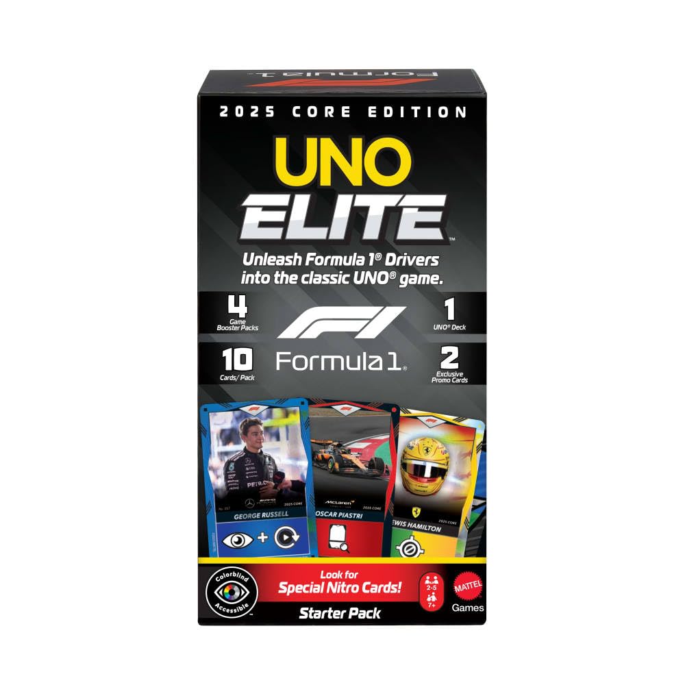Mattel Games UNO Elite Formula 1 2025 Core Edition Starter Pack Card Game with 4 Game Booster Packs & 2 Promo Cards for Kids, Fans, Families & Game Night