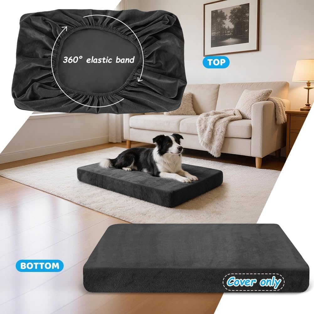 DUJUIKE 100% wasserdichter Ersatzbezug für Hundebett, weicher Plüschbezug, Samt-Matratzenbezug für Hunde, Waschbarer, Abnehmbarer Hundebezug, Hundematratzeneinlage mit Gummiband(Schwarz,XL)