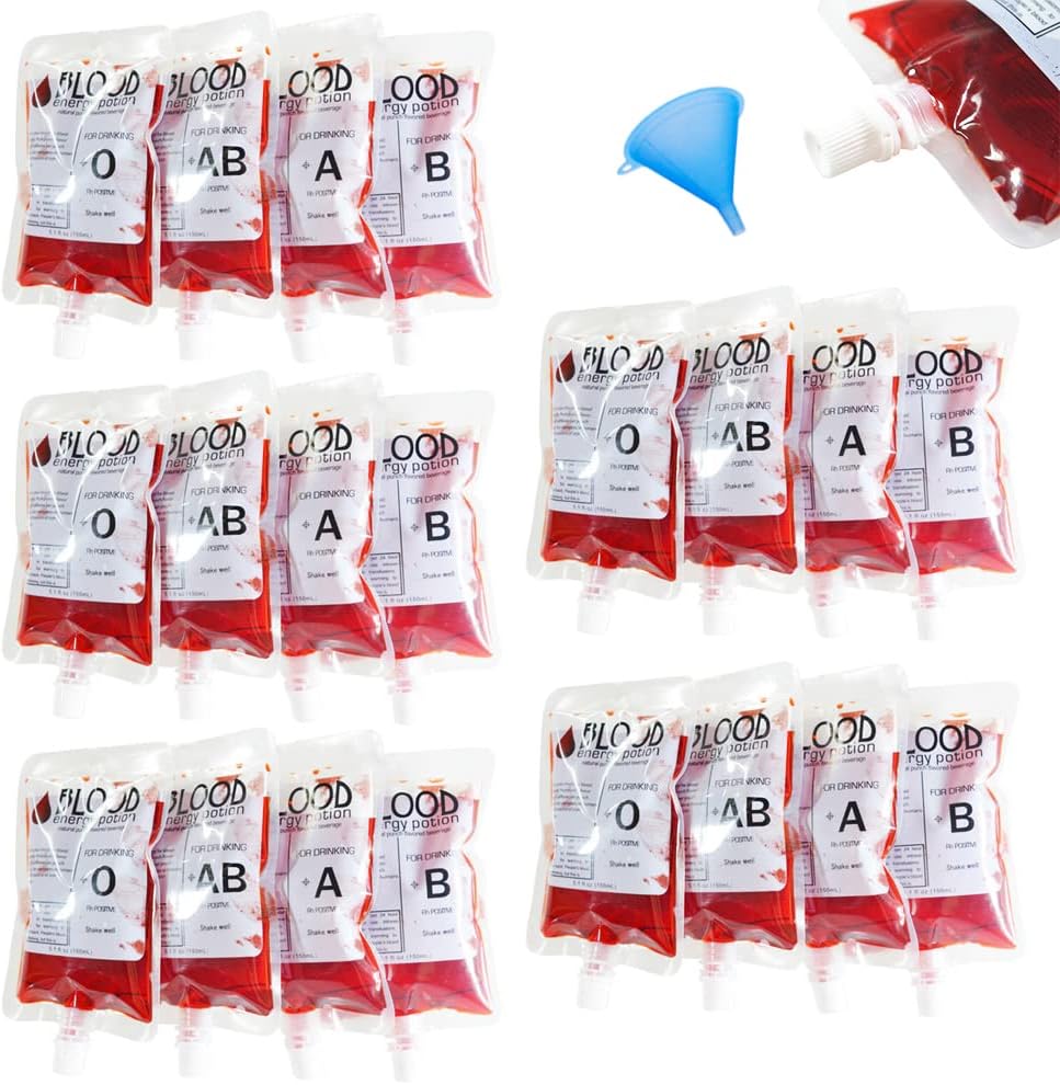 Woozettn 20 Pack Blood Bags for Drinks,8.5oz Anti-Leak Bags with Cap,Reusable Food Grade Bags,Decoration Cups for Halloween and Christmas