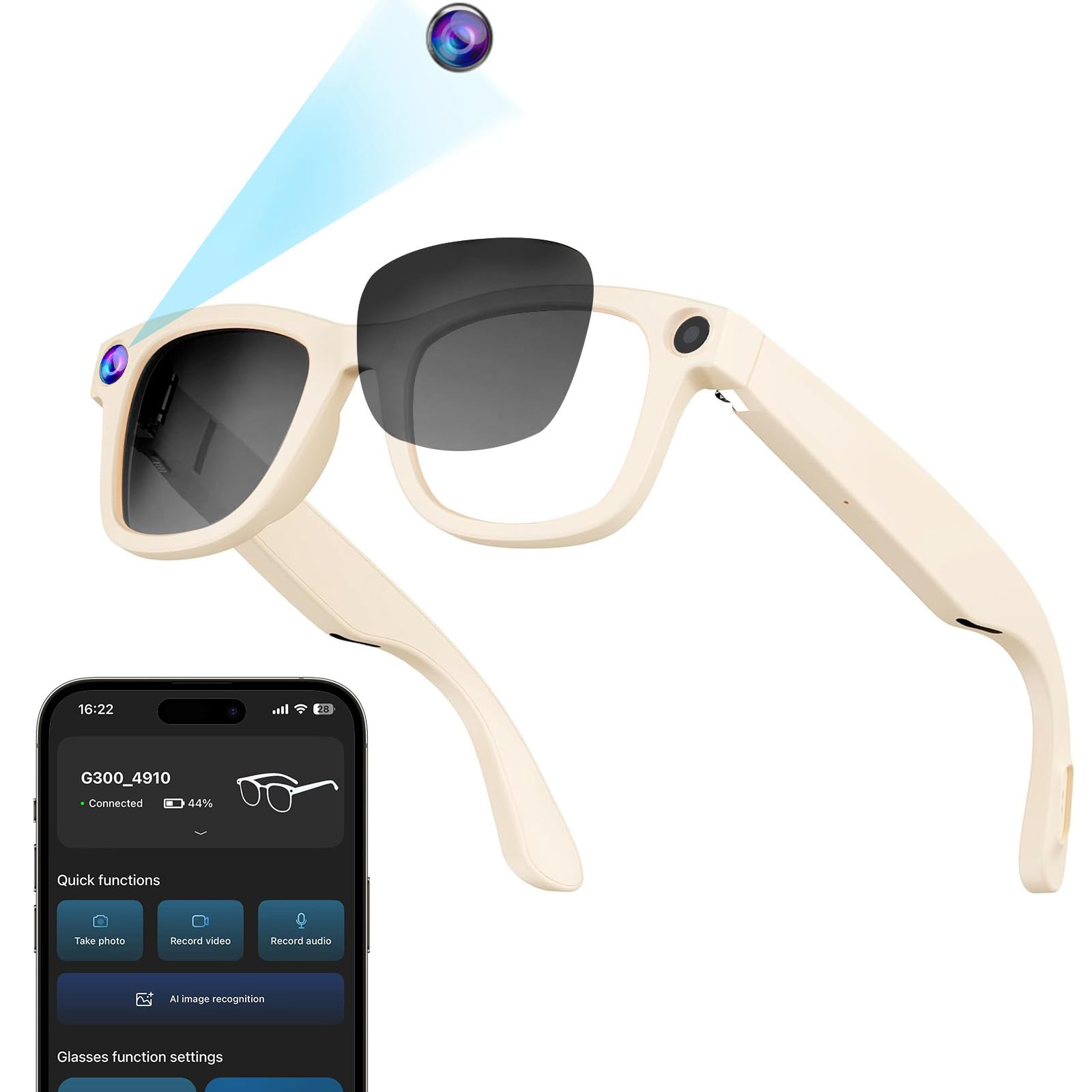 Smart Glasses with Camera AI Voice Wake-Up ChatGPT Assistant 1080P Recording 8MP Photos Bluetooth Calling Music WiFi Sync