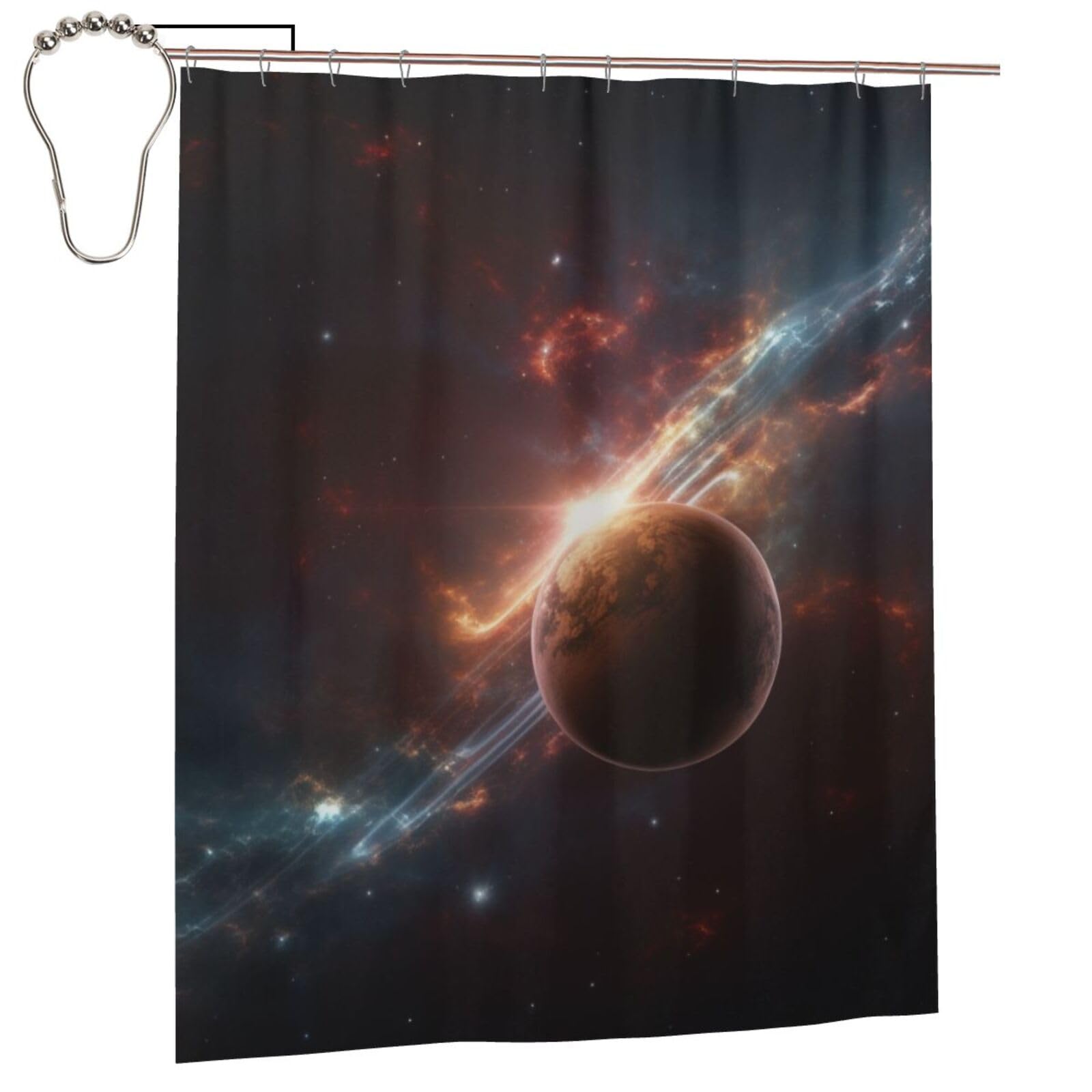 BWWHCCTI Galaxy Space Planet Printed Shower Curtain With 12 Iron Hooks Opaque Quick Drying Waterproof Shower Curtains Sets For Bathroom 152x183 Cm