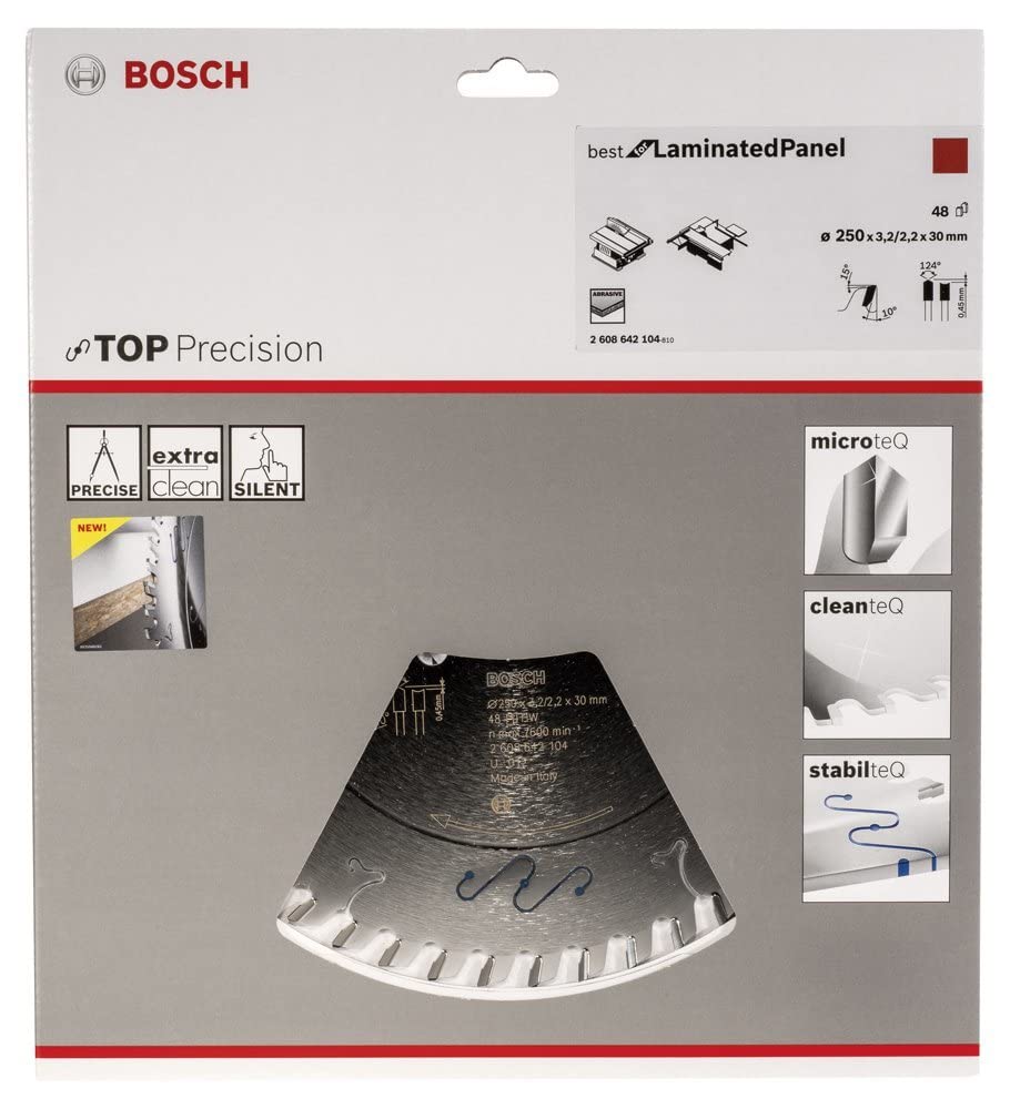 Bosch 2 608 642 104 - Hoja de sierra circular Top Precision Best for Laminated Panel Abrasive - 250 x 30 x 3,2 mm, 48 (pack de 1)