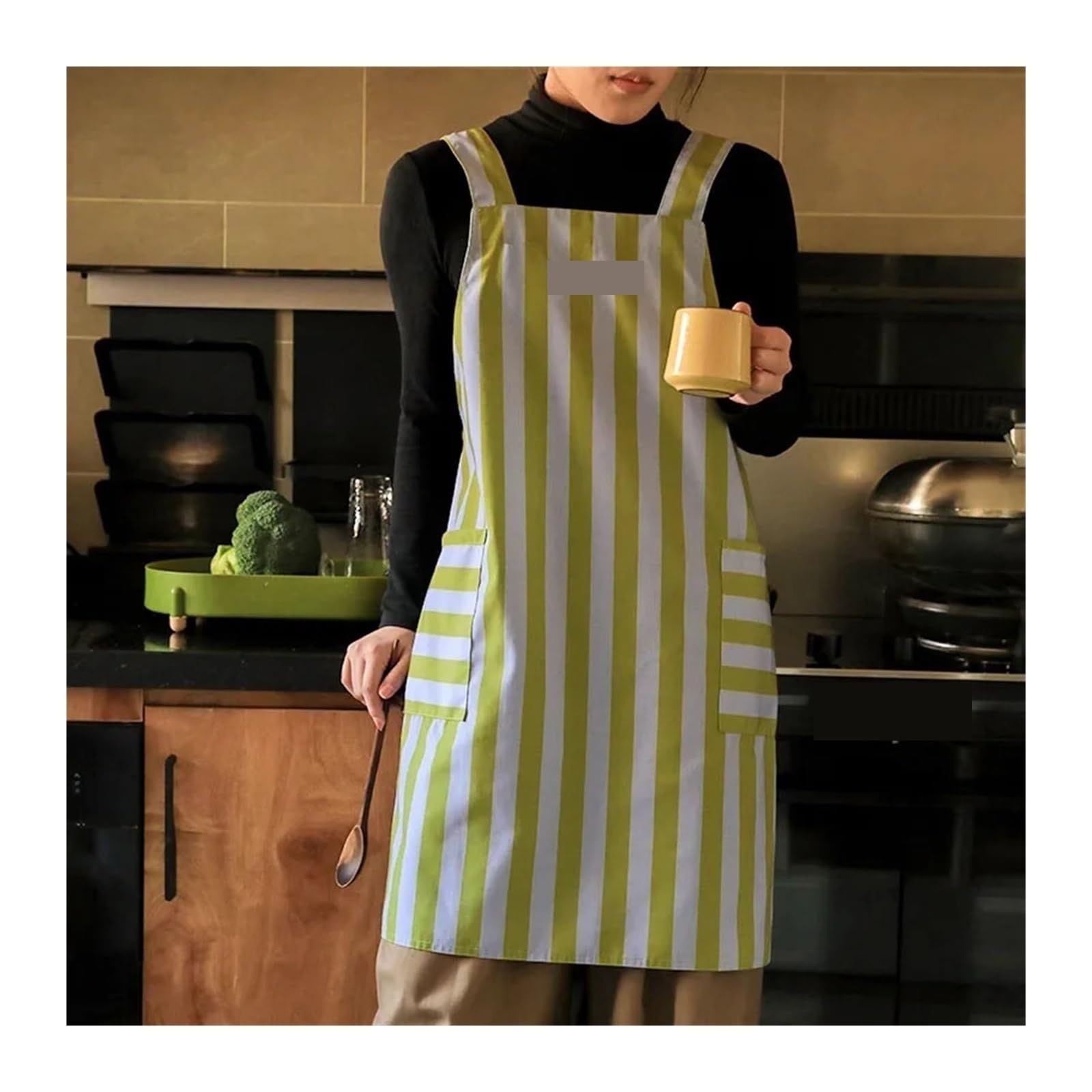 delantal Delantal a rayas de algodón y poliéster impermeable for verano, con bolsillo espalda cruzada, cocina for mujer, limpieza, trabajo horneado