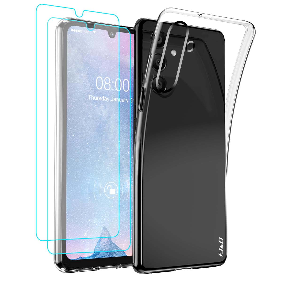 J&D Case Compatible for Samsung Galaxy A15, Crystal Clear Anti-Yellow Ultra Slim case with (2-Pack) Screen Protectors, Anti-Shock Soft TPU Silicone Case for Galaxy A15, Transparent