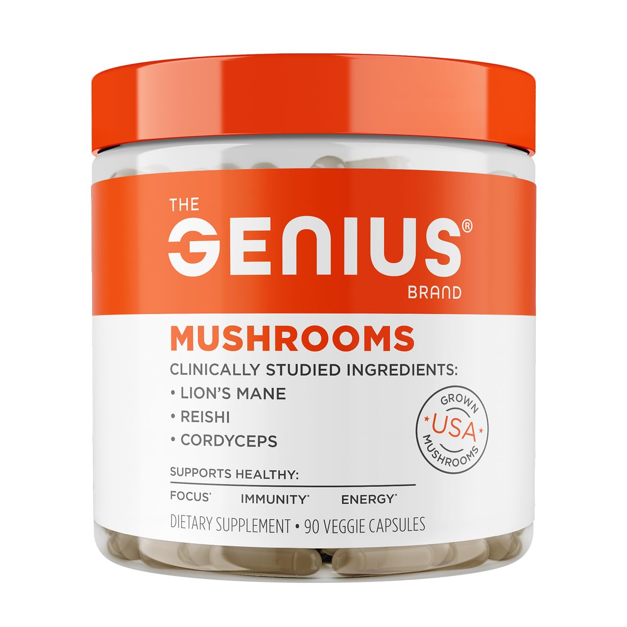 Genius Mushroom Supplement - Full-Spectrum Lion’s Mane, Cordyceps, Reishi -Daily Brain Nootropic for Energy, Focus, Memory & Overall Wellness - 90 Capsules – Organic for Mental Clarity & Performance