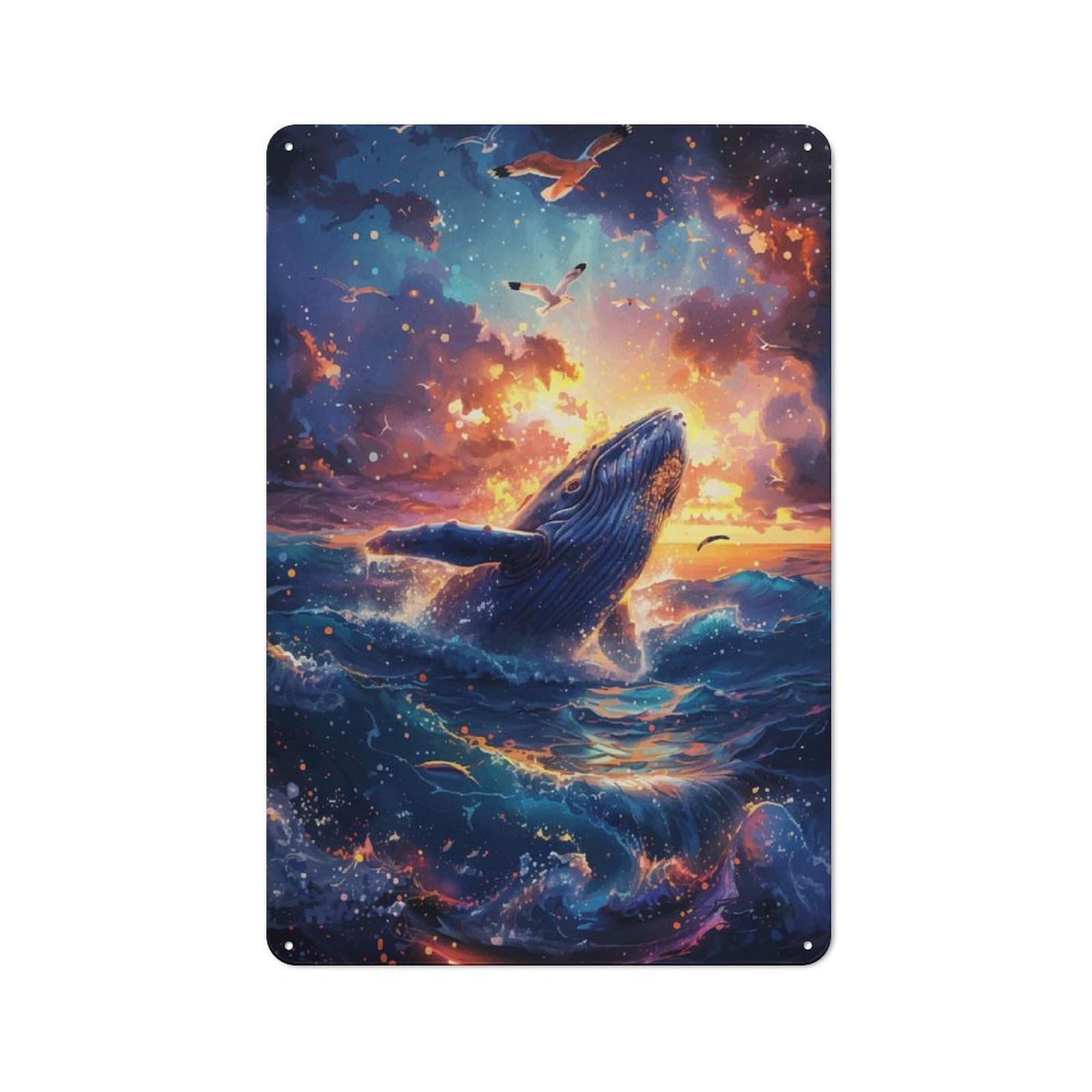 Junmoney Whale Breaching At Sunset With Seagulls Rustic Metal Sign 30X20cm For Guest Room Or Hallway, Suited To Hallway Wall Decor Fans