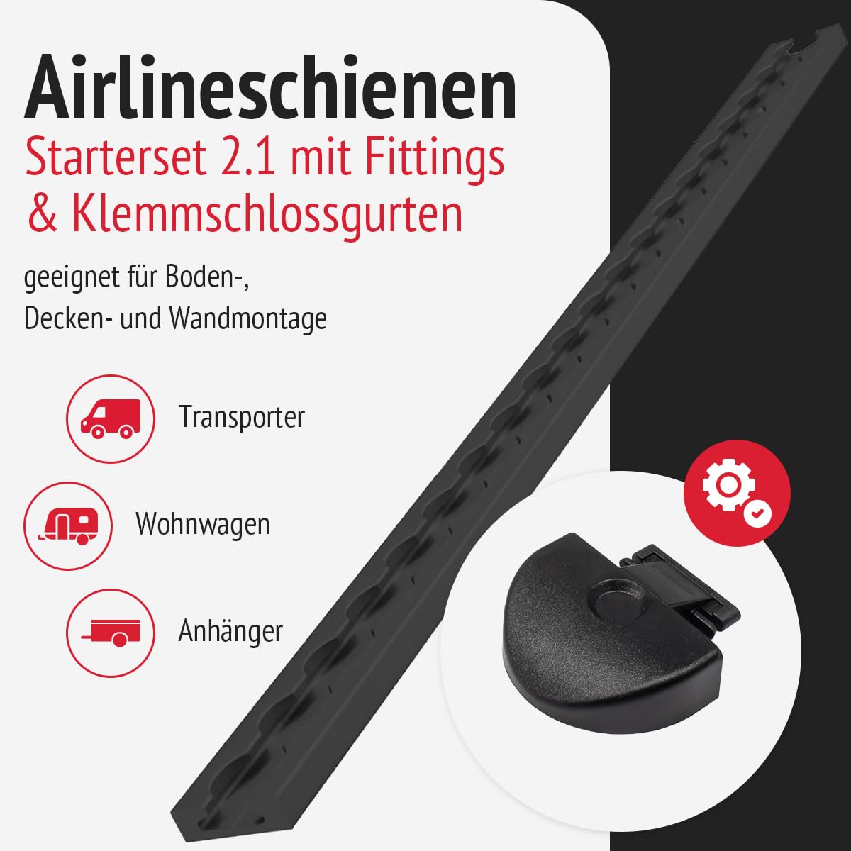 Set 2X Airlineschienen 1.0 m, 4X Endkappen, 4 Fittinge und 4X Klemmschlossgurte, schwarz KTL-beschichtet, gebohrt, eckig, 34 x 9,6 mm | Zurrschiene für Transporter, Wohnwagen, Anhänger