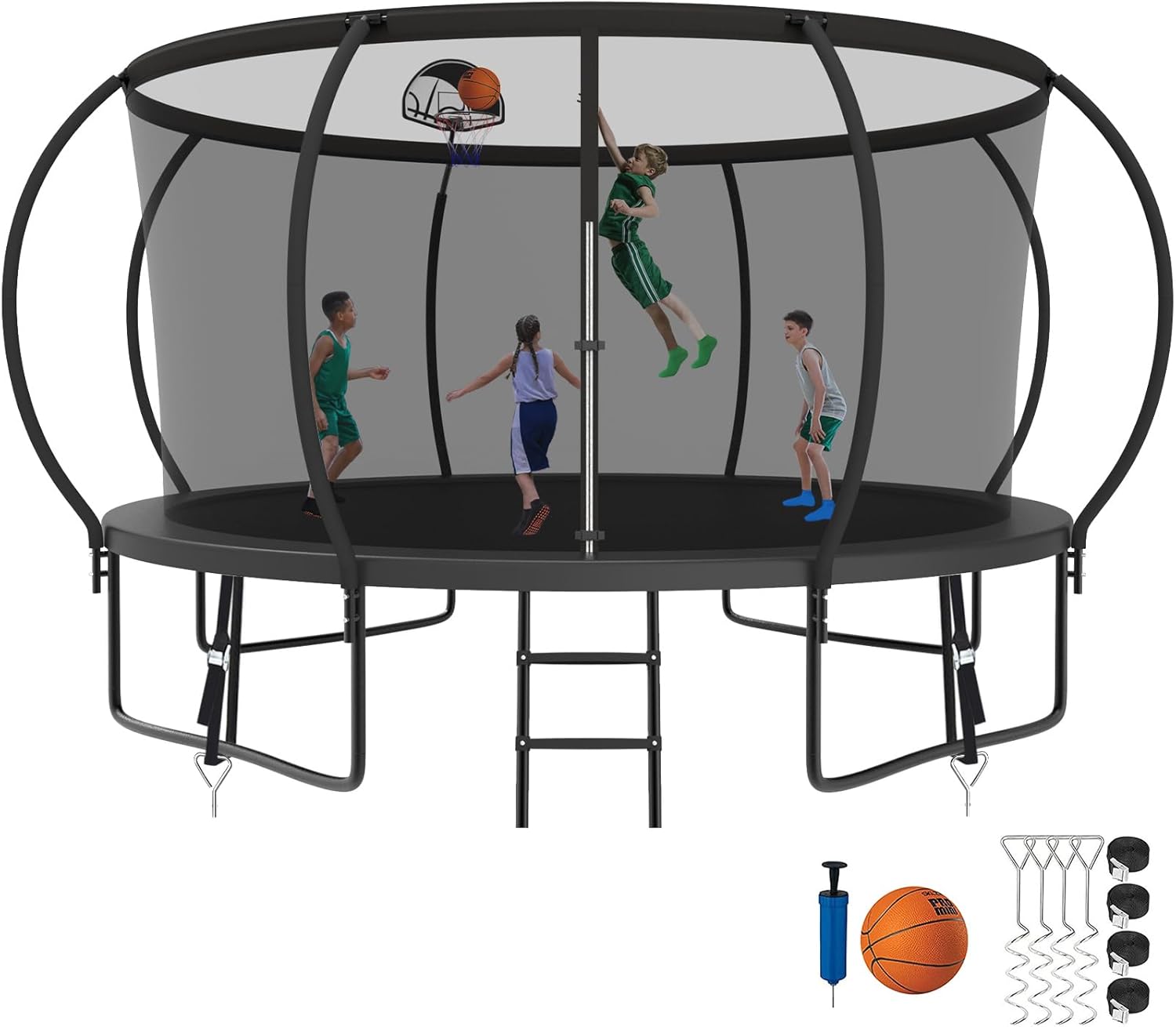 SKYUP 2025 Upgraded 8 10 12 14 15 16FT 1500lbs Tranpoline for Kids and Adults, Recreational Tranpoline with Basketball Hoop, ASTM Approved Tranpoline for 7-10 Kids with Net, Ladder, Wind Stakes, Mat