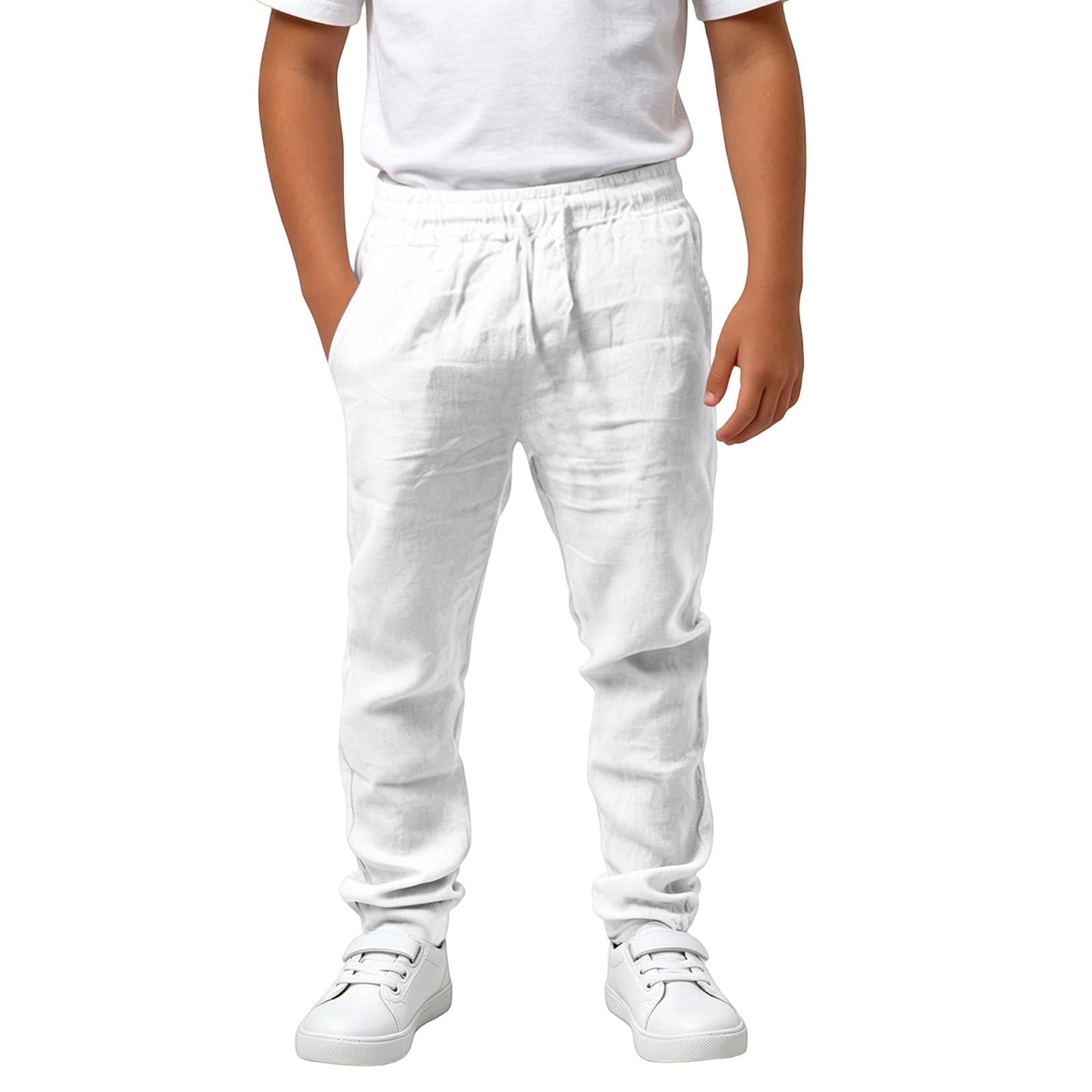 Pantanlones de Lino para Niños,Algodón y Lino Pantanlon Chandal Niño Cintura Elástica Pantalón Chino Largo Sueltos con Bolsillos Cómodo Transpirable Jogging Pants Ropa Adolescentes Chicos 4-14 Años
